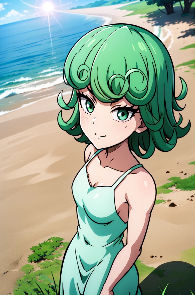 absurdres, highres, ultra detailed, tatsumakitornado, short green hair, curly hair, white sun dress,outdoors, green eyes ,full body ,looking up at veiwer, blushing ,standing,smile