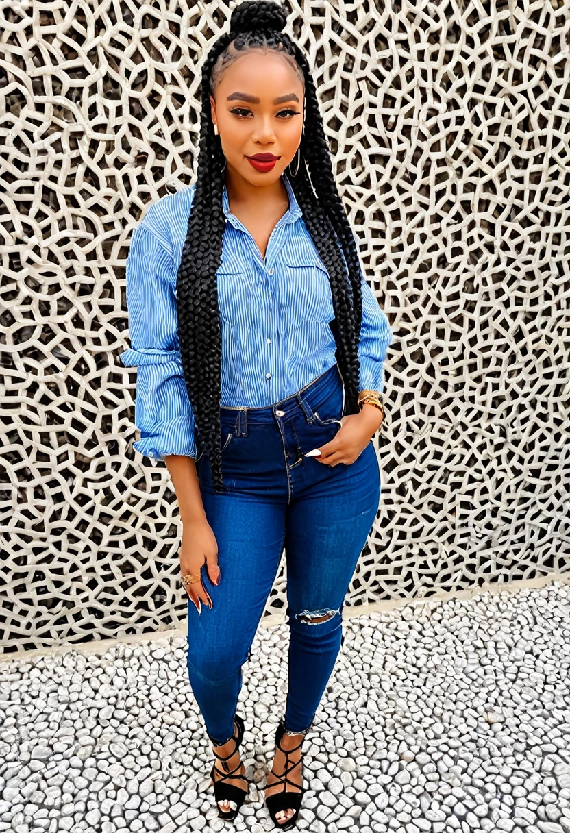 Mulher adulta, negra, 25 anos, box braids hair, boca carnuda, nariz fino, corpo magro  ,olhos castanhos, baiana, the influence of American fashion, como jeans bem cortado, blusa despoja. bolsa estruturada, joia minimalista. 