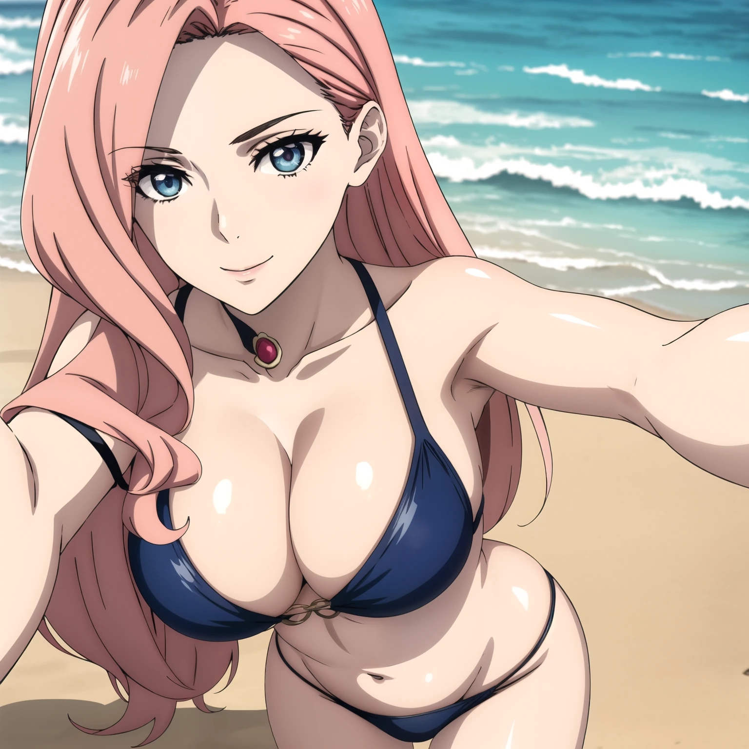 Female 27 years old, cabello rosado, ojos azul cielo, sonrisa, pale skin, pechos grandes, bikini azul ,  selfi, selfi, fondo una playa. cabello rosado, gotas de agua en su pecho, bikini azul, pose provocativa. cabello rosado.