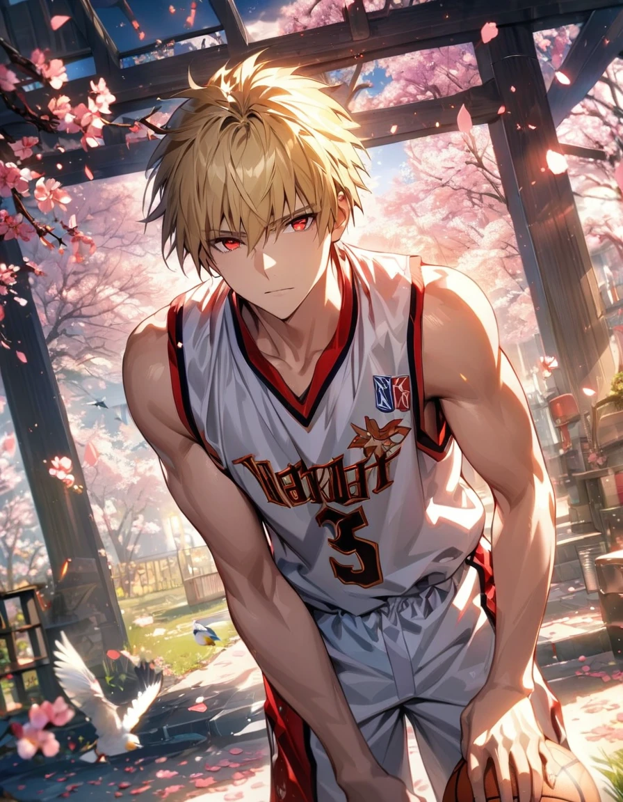 absurdres, highres, ultra detailed, HDR, masterpiece, extremely detailed face and eyes, Gilgamesh, blond hair, short hair, expressive red eyes, Fate Stay Night, solo, sexy man, handsome, basketball uniform, spring, blossoms, petals, birds