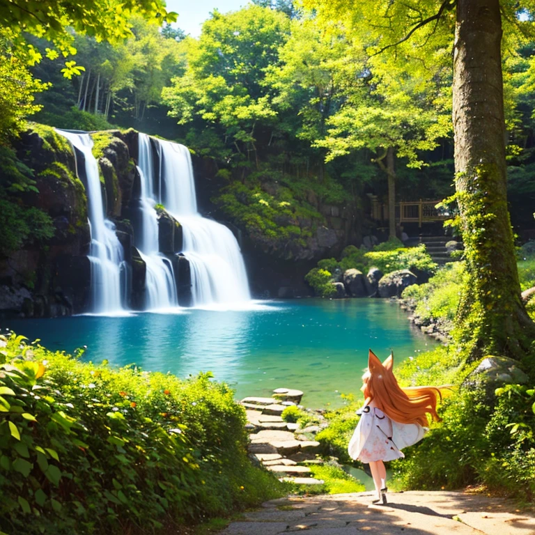 (best quality,4k,8k,highres,masterpiece:1.2),ultra-detailed,(realistic,photorealistic,photo-realistic:1.37),cute,solo girl with orange long wavy hair,blue eyes,fox ears,fluffy fox tail,summer time in Japan,beautiful garden scenery,lush greenery,colorful