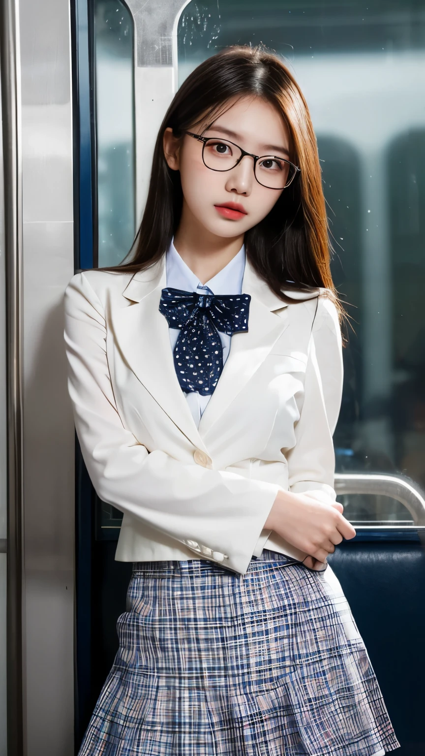((High school girl on the train door))、((Wet white blazer)),((Translucent wet white blouse、Red bow tie、Dark blue checked skirt)).((No bra)) 40k, photograph, Tabletop, highest quality, Rainy background, ((1 Gorgeous wet light haired girl with beautiful eyes, She has a beautiful face and wears glasses, )). White skin, Big eyes,Various poses.((Medium sized breasts,:1.1)), highest quality, Tabletop, Ultra-high resolution, (Realistic:1.4), RAWphotograph, (Perfect figure), (slim:1.3), slimな腹部, Perfect slim figure, Dynamic Pose, (((Large :0.9))), alone, Cold light 12000K, Very detailed facial and skin texture, Fine grain, Realistic eyes, 美しいFine grain, (Realistic Skin), Charm, 超A high resolution, Surreal, Very detailed,((she's soaking wet))、((erection))、((Backward view)),((look back))、