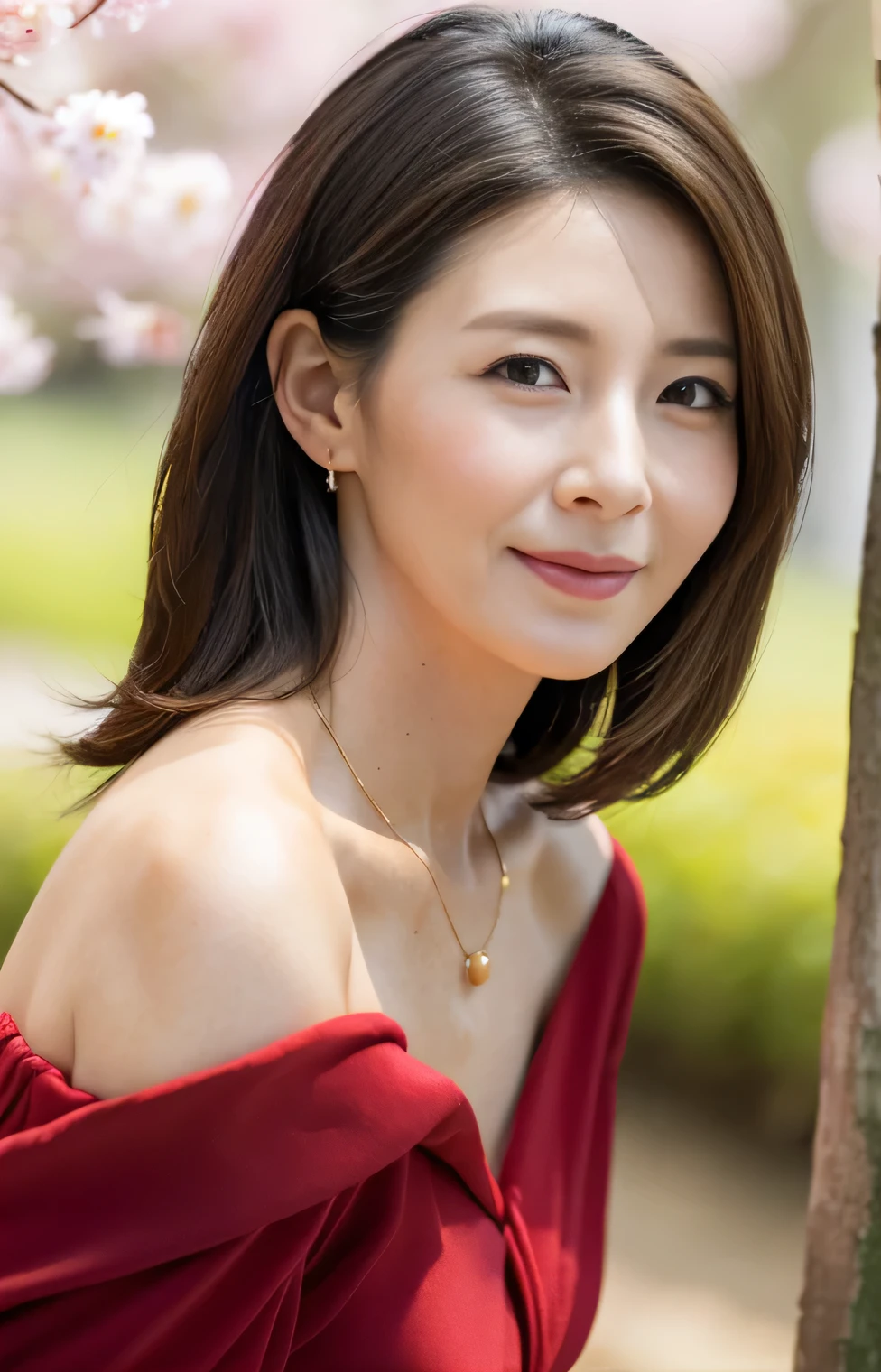 Professional, High level of detail, close up photo (attractive mature 45yo woman:1.3), long black hair,(red long dress, off shoulder, wearing robe)1.455, ray tracing, natural lighting, (seductive:1.1), (blushing:1.1 ), (classy, elegant, dandy)1.2, (pokies)1.3, (toned body, hourglass body shape) (wipe hips), (full body with visible face and eyes)1.5, glasses, earnings, sakura forest, river, standing, shy smile, golden necklace