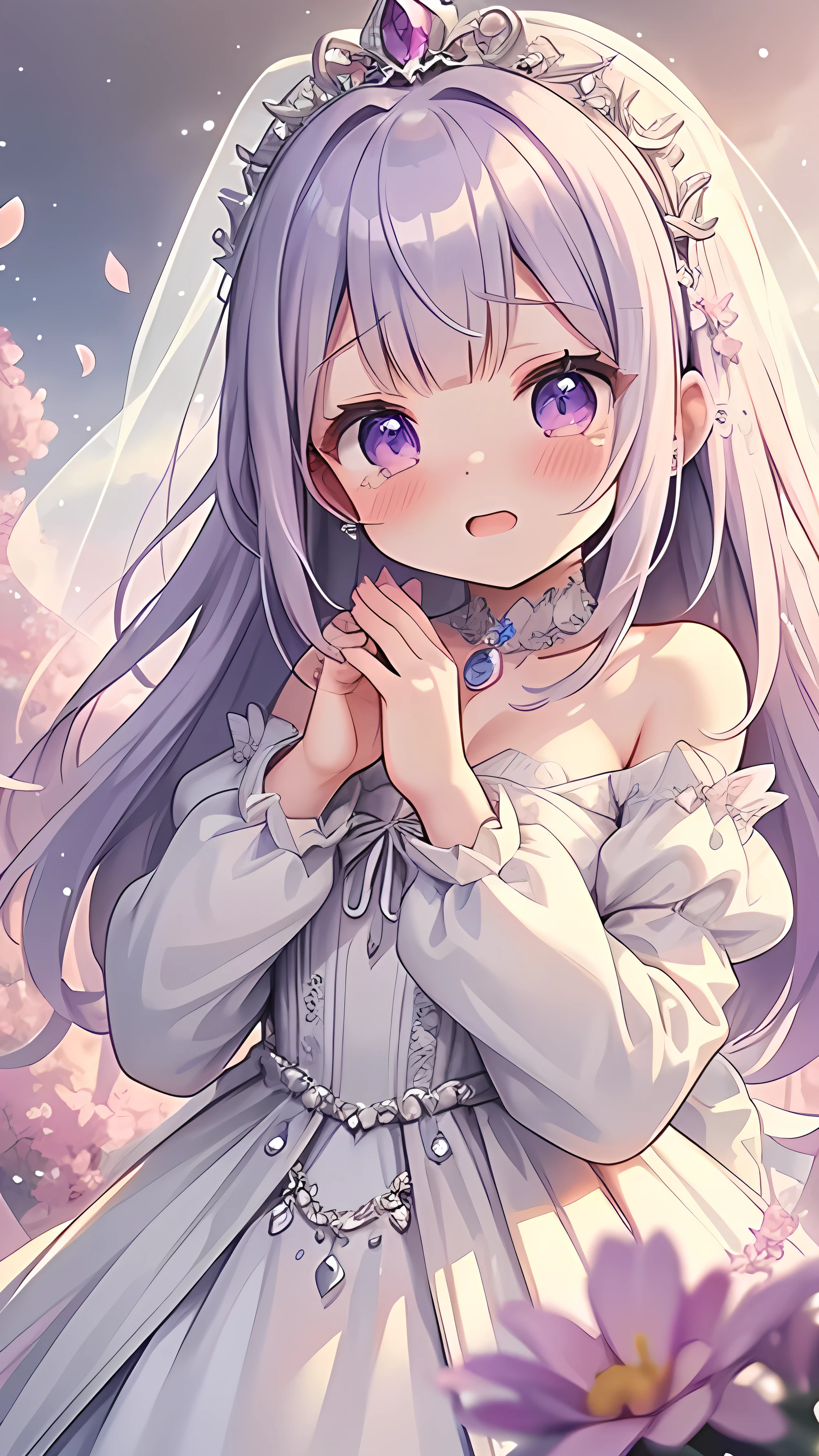 Super High Resolution Super Quality、anime、Zoom in Enlarge Colorful flowers、tears 、Fantasy、High quality texture of the clothes, princess dress, luxurious pure white wedding dress, dress with sparkling jewels, silver decoration, platinum, joy, beautiful girl has a nice body, spring, lilac hair, purple eyes, upper body, snap 