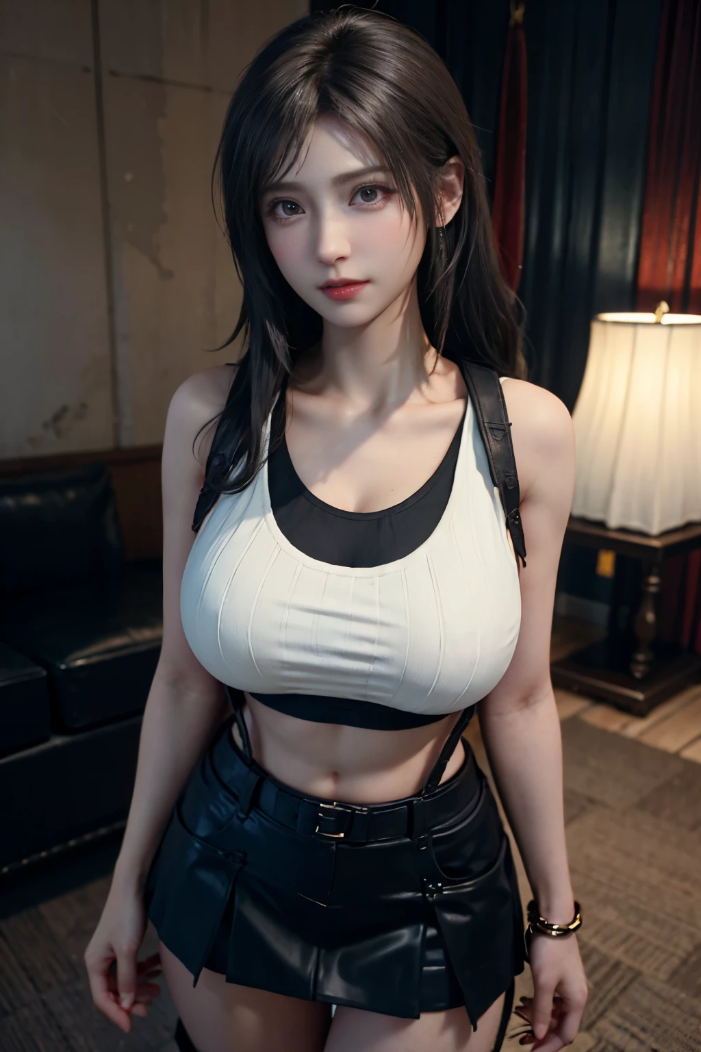 (Realistic: 1.4), 最high quality, Very delicate and beautiful, High resolution,masterpiece, 最high quality, 超High resolution, (Realistic:1.4), Detailed beautiful face, , One girl, Tifa_Lockhart, Final Fantasy VII Remake, Stunning European Women,Cowboy Shot, suspenders, Low rise, Black mini skirt, Black border white tank top, Tense shirt, Black Hair, Long Hair, Sexy Body,Beautiful breasts, Very beautiful and shining eyes,Beautiful feet, So cute, Close-upポトレイト, 柔らかい肌のPerfect Faceを持つ素敵な, Perfect Face, (((Huge breasts))),Tight waist,Chainetter、thigh、In the dungeon,Complete diagram, Shapely hips, 8k resolution,Surreal,Ultra-detailed,high quality, (Huge teardrop chest, Huge breastsの谷間:1.2), Giant tit, Close-up,A broad perspective