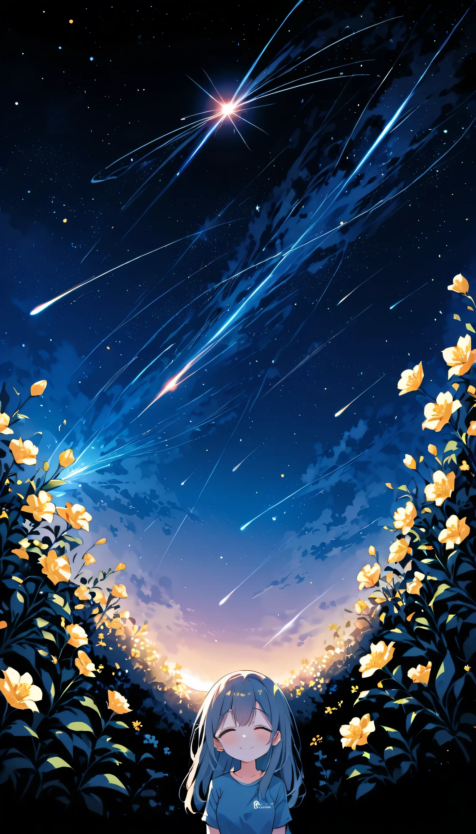 highest quality, expensive_solve, clear_image, Detailed Background ,girl, Random wear,flower, Night Sky,Dutch Angle, Wide Shot,A shy smile, Comet Group