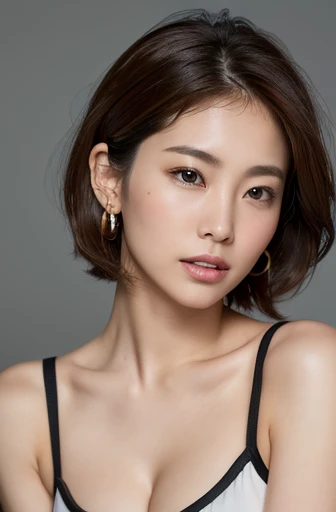 (8k, Realistic, RAW Photos, Best image quality: 1.4), Japanese women、Around 50 years old、Cleavage:1.4、Chest to chest、Sleepy expression、double eyelid、Round Nose、Thick eyebrows、Thick lips、Light brown hair、Short Hair、Sporty hair、Voluminous Hair、Wearing earrings、Hide your ears、Shoulder out、(Realistic:1.4)、Dark Room
