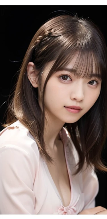 masterpiece、highest quality、8k,Ultra-high resolution、RAW Photos、Ultra-high resolution、日本people、beautiful girl、1people、woman, (Braided top knot,Twisted Side Part Ponytail Braided Headband,Half Up、Braided Space Van,Voluminous fishtail braid,Twisted pan),(Asymmetrical bangs)、 (Ultra-realistic),Round face、 Fine and beautiful eyes、double eyelid、Thin eyebrows、(eye shadow(Shrimp brown))、Rich dreamy make-up、Thin lips, (Loose fitting blouse)、 (Micro Mini Skirt(bright pink color))、A kind smile, Professional photography, Cinematic Light, (Very beautiful face: 1.2),(Large Breasts:1.2)、Saggy breasts、Cleavage、Exposed thighs、Voluptuous thighs、Smooth calves、、daytime office、In front of the computer、sitting in an office chair、Head to knee photo