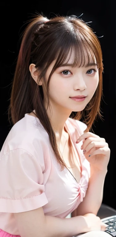 masterpiece、highest quality、8k，Ultra-high resolution、RAW Photos、Ultra-high resolution、日本people、beautiful girl、１people、woman, (Braided top knot,Twisted Side Part Ponytail Braided Headband,Half Up、Braided Space Van,Voluminous fishtail braid,Twisted pan),(Asymmetrical bangs)、 (Ultra-realistic),Round face、 Fine and beautiful eyes、double eyelid、Thin eyebrows、(eye shadow(Shrimp brown))、Rich dreamy make-up、Thin lips, (Loose fitting blouse)、 (Micro Mini Skirt(bright pink color))、A kind smile,  Professional photography, Cinematic Light, (Very beautiful face: 1.2),(Large Breasts:1.2)、Saggy breasts、Cleavage、Exposed thighs、Voluptuous thighs、Smooth calves、、daytime office、In front of the computer、sitting in an office chair、Head to knee photo