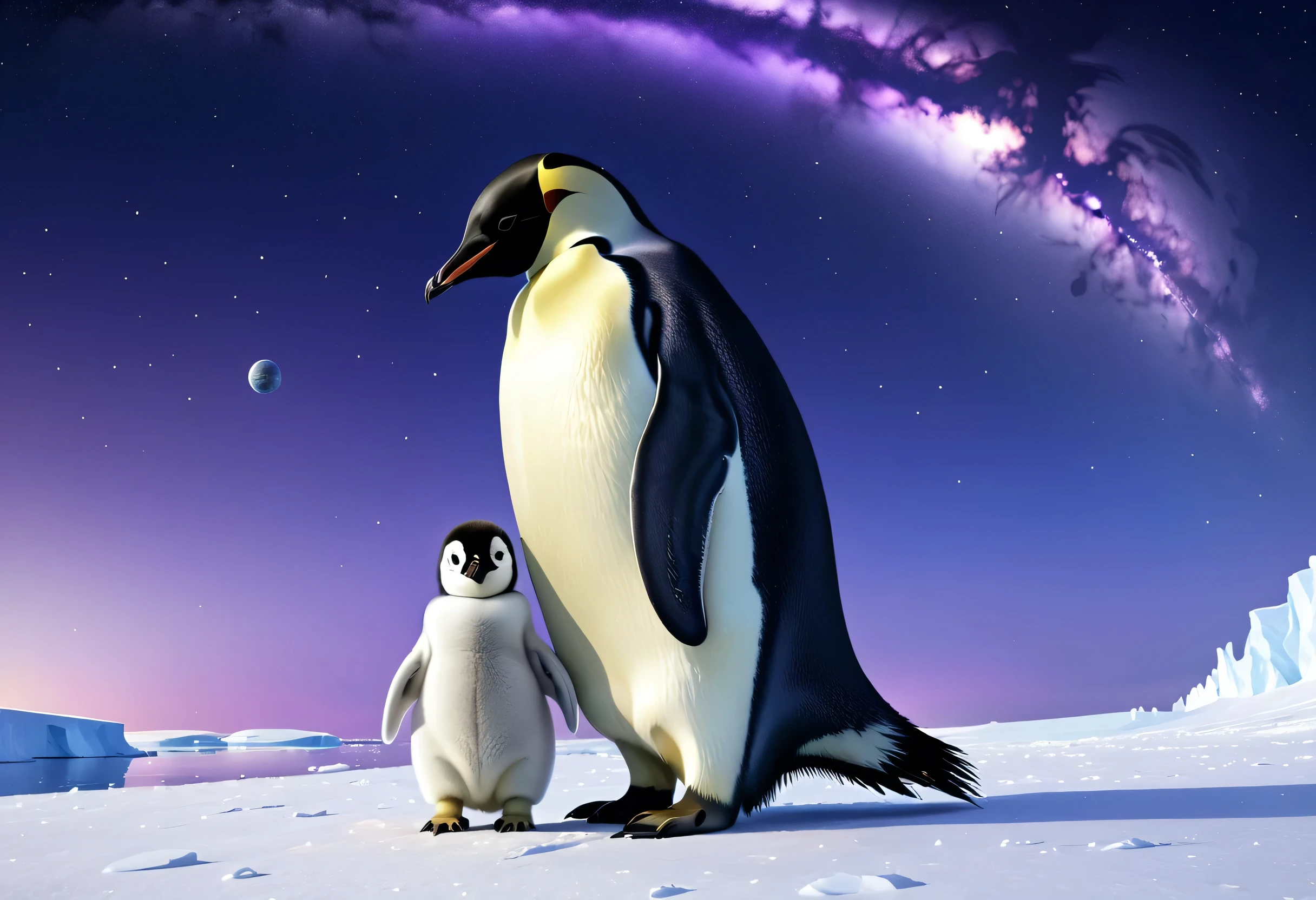 Generate an illustration of an emperor penguin parent and chick in Antarctica. The sky should be purple with a cosmic theme, displaying visible planets and stars.
