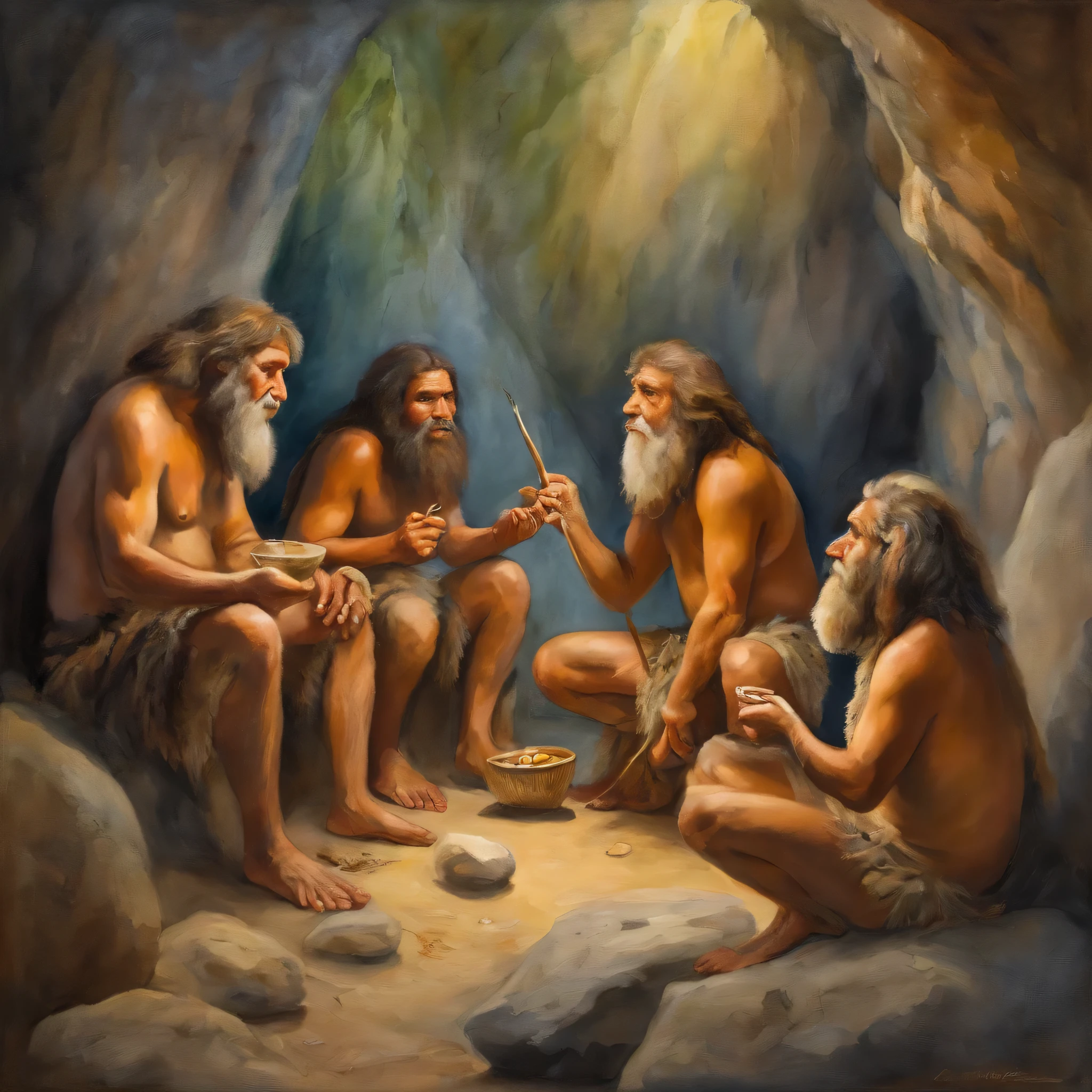 a painting of a group of cave dwellers in front of a cave, neanderthal people eating sushi, pre - historic cave man family, neanderthal people, paleolithic painting, three hairy neanderthal people, pre - historic, prehistory, stone age, saint homo neanderthalis, stone age rave in a cave
