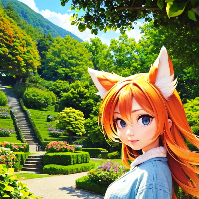 (best quality,4k,8k,highres,masterpiece:1.2),ultra-detailed,(realistic,photorealistic,photo-realistic:1.37),cute,solo girl with orange long wavy hair,blue eyes,fox ears,fluffy fox tail,summer time in Japan,beautiful garden scenery,lush greenery,colorful