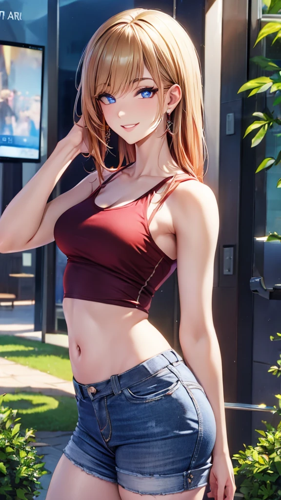 walk in the park, masterpiece, highest quality, (maximum resolution: 1.2), (Ultra HDTV: 1.2), cinematic light, Ultra HDTV, (detailed eyes and skin), (detailed facial features), 8K resolution, sharp focus: 1.2, perfect body, Anatomically correct, beautiful face, double eyelids, thin eyebrows, natural lip color, 25 years old lady, cheeks are red, slender body, small breasts, smile, pretty earrings, tanktop(extra large size: 1.2), short pants,