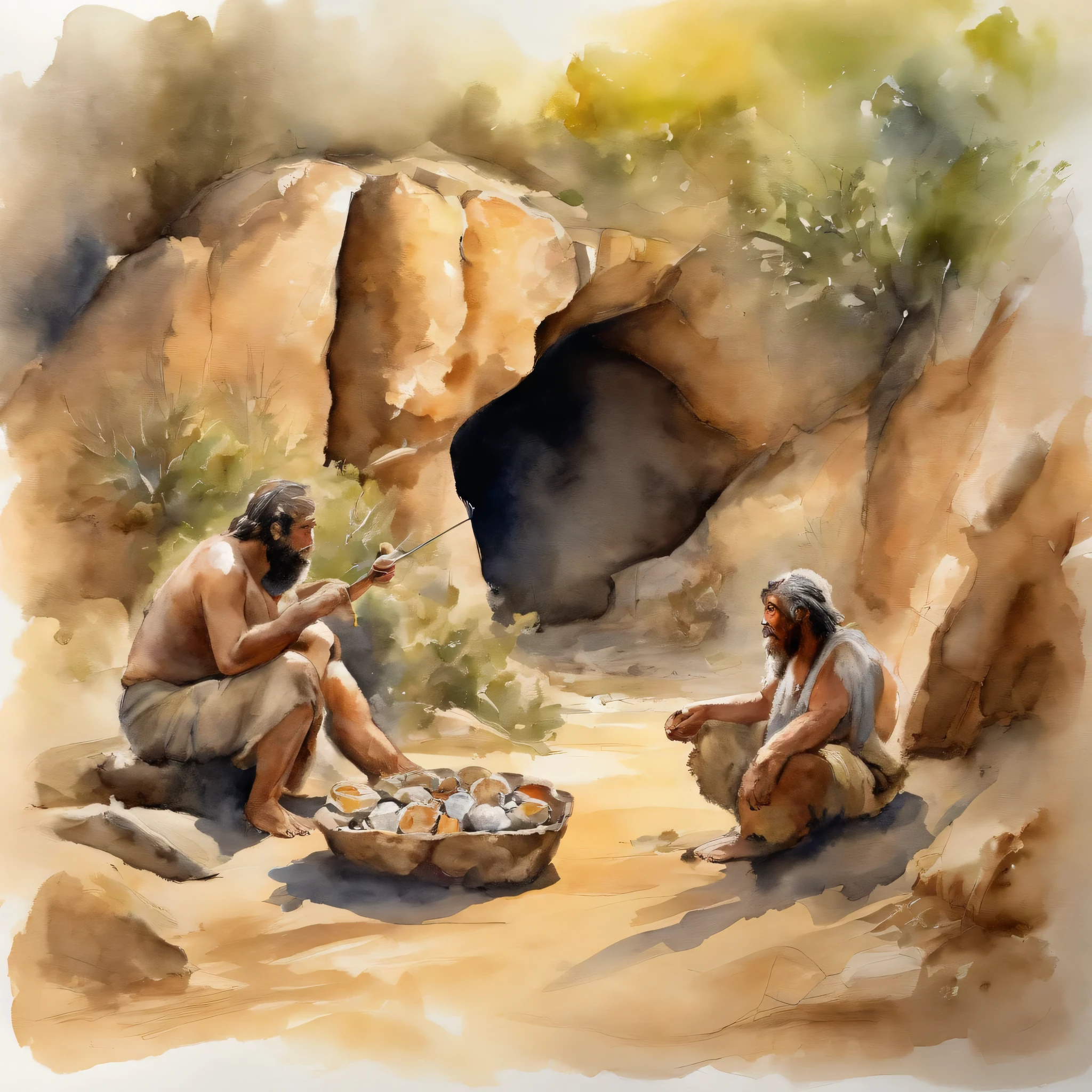 a painting of a group of cave dwellers in front of a cave, neanderthal people eating sushi, pre - historic cave man family, neanderthal people, paleolithic painting, three hairy neanderthal people, pre - historic, prehistory, stone age, saint homo neanderthalis, stone age rave in a cave