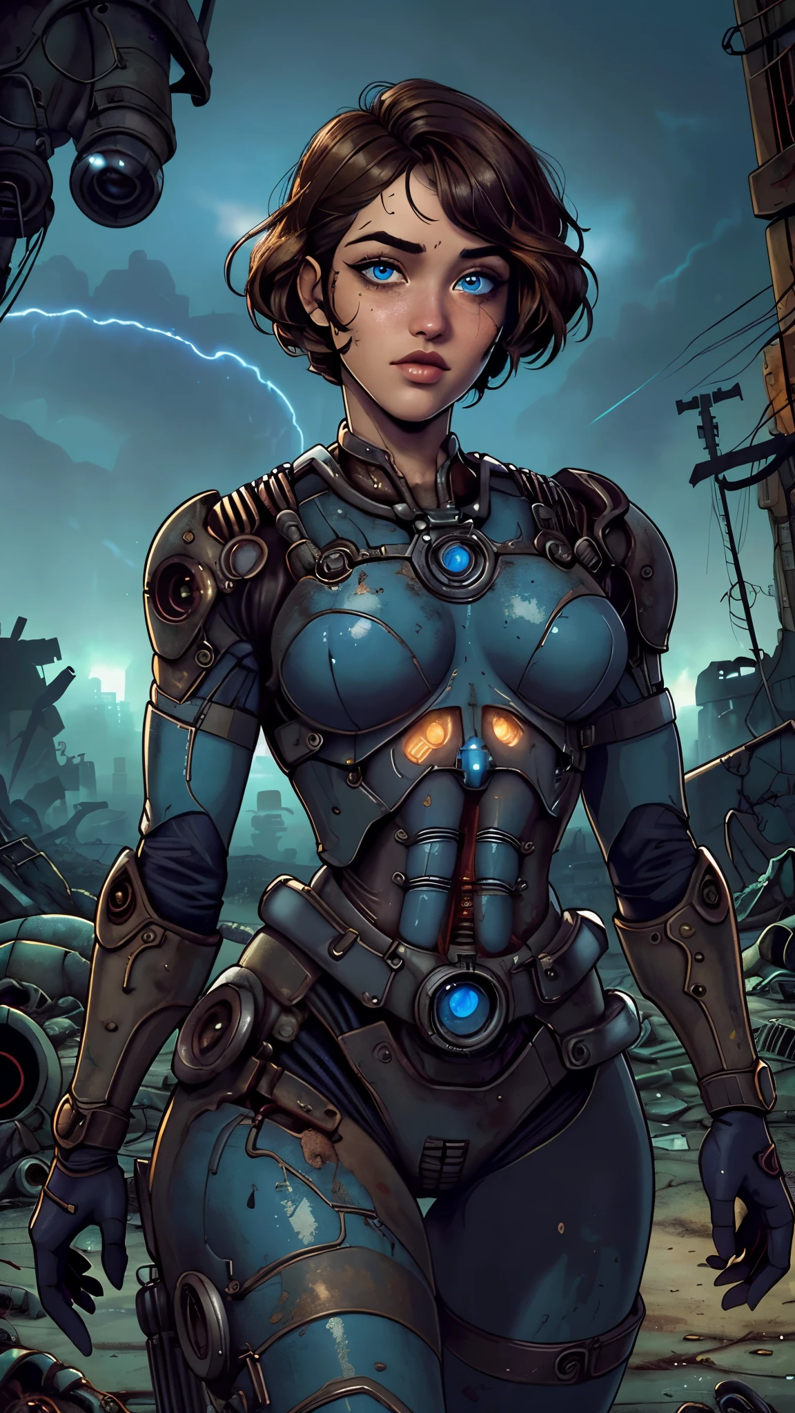 (La mejor calidad,A high resolution,Ultra - detallado,actual),Ella Purnell con (cabello negro corto) , (Blue tight latex suit Fallout 4) , ,(Fondo de ruinas de mazmorra en ruinas radiactivo :1.4 ), More detailed 8K.motor irreal:1.4,UHD,La mejor calidad:1.4, fotorrealista:1.4, textura de la piel:1.4, obra maestra:1.8,obra-prima, mejor calidad,objeto Objeto], (detailed face features:1.3),(Las proporciones correctas),(Ojos hermosos azules),  (pose vaquero), (Ella Purnell:1.4), (Ella Purnell V2.1), (Fallout serie :1.4),( estilo de Fallout serie), (Obra maestra: 1.4), (8K, realista, foto cruda, La mejor calidad: 1.4),(Cinematic V2.1), (Detalles de la cara: 1.5, ojos azules brillantes, hermoso rostro, ojos bonitos, Contorno del iris, labios delgados: 1.5, Thin, sharp pale eyebrows, Long, dark eyelashes, double tabs),(Fallout 4:1.4), (dynamic pose), score_9, score_8_up, score_7_up, score_6_up, rating_explicit, 1girl, ((18YO:1.2)), Adult, full lips, big clear eyes, light blue eyes, 