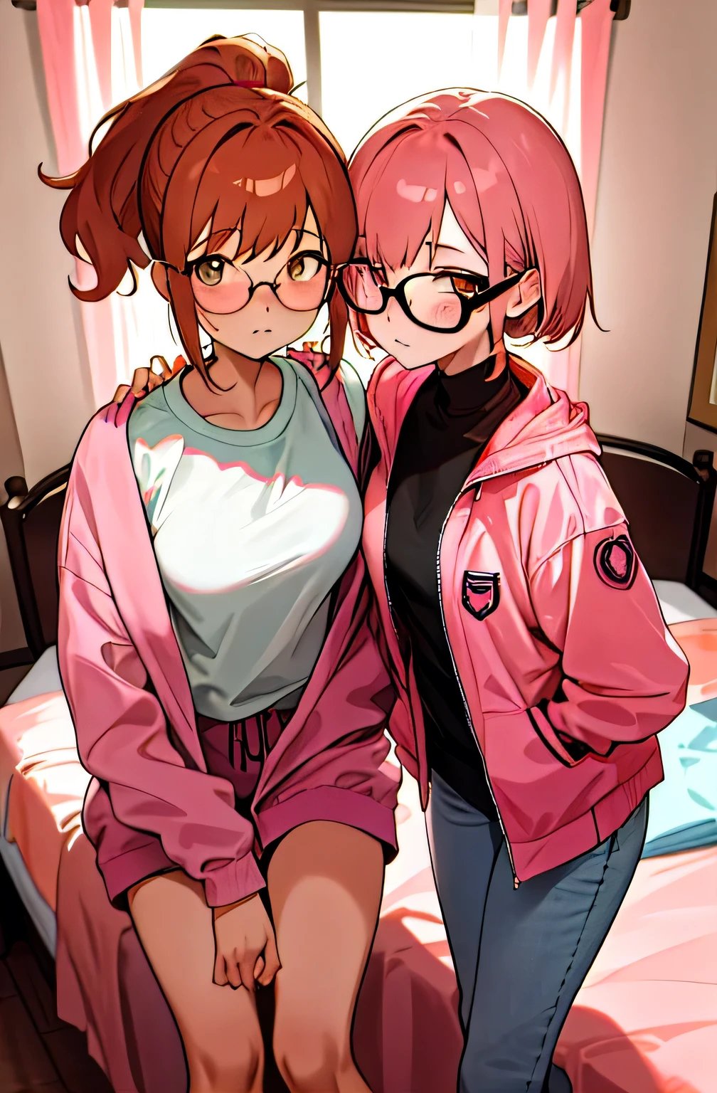 2 girls , sisters , 23 year old beautiful younger sister short hair huge breasts wearing pink sport jacket shyness wearing glasses sitting on bed, 26 years old beautiful funny older sister long pony tail hair small breasts pierced ear wearing casual clothes no glasses standing , bedroom background ,look at camera , half body , (high resolution) , peach colour hair , nsfw ,