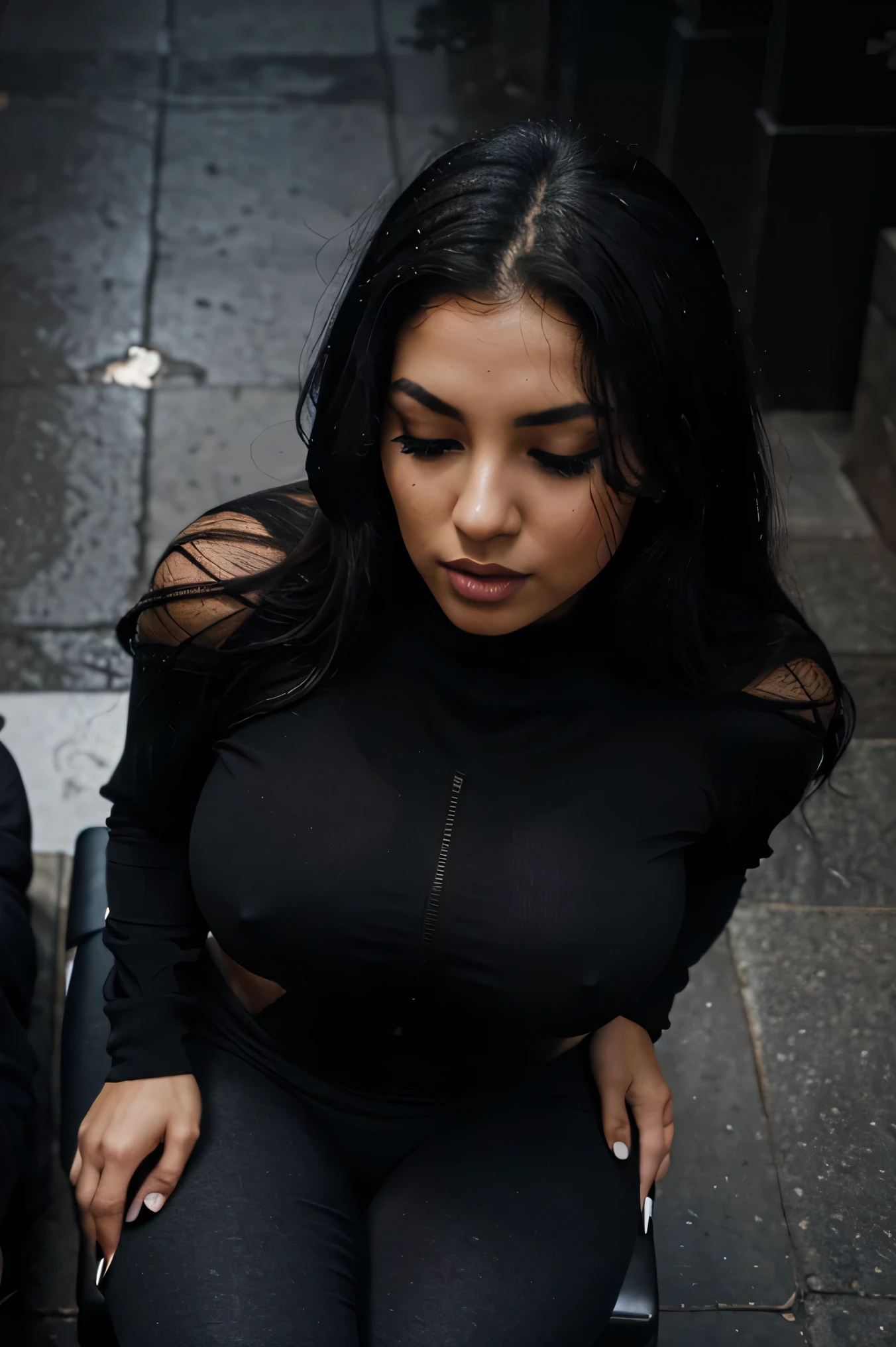 Arabic Woman, beautiful, sexy girl, ultra realistic, young woman, very large bust, large ass, big bouncy ass, busty, very sexy, Alluring, Tempting, Moody street setting, high camera angle, Dramatic portrait style, skinny curvy, very big bust, huge breasts, Egyptian girl, long hair down to waist, eyes closed shut, darker skin, black nail polish, hour glass figure, facing viewer, coal black eye shadow, small waist, DARK SKIN, woman, very long hair length, pleasure expression, short torso, pleasure facial expression, mouth open wide, dark black eyeliner, mascara, eyelids black, black shirt wet, long shiny straight black hair, short woman, short upper body, Egyptian arab, outside in street at night, night time, moonlight fully clothed, raining, wet floor, street lights, facing viewer, high viewing angle, women looking up at viewer, view from above, raining, looking down at woman, short woman, black leggings, tall viewer, tight black turtle neck with Nike logo, full body view from above, facing viewer, woman looking up, fully clothed, thick thighs, plump lips, 5ft tall woman, short woman, top down view, looking down at woman, eyes closed, thin waist and massive natural sagging breasts, (Top View: 1.3), woman facing viewer, big soft ass, Egyptian, beautiful Arabic woman, slender face, amazing cheek bones, raining, wet skin, (top view: 1.3), really big soft round breasts, huge natural tits, short curvacious, short vuluptuous woman, looking up towards viewer, 5ft tall short woman, black cotton leggings, black hoodie unzipped, sitting on chair, wide hips, 5 foot tall short curvy woman