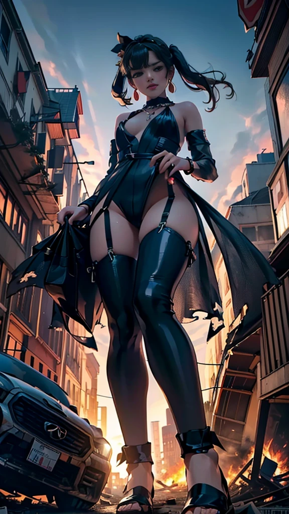 (16k, High resolution, highest quality, masterpiece, 超High resolution), ((Giantess Elements, From below)), Perfect dynamic composition:1.2, (Modern city at night), Highly detailed skin and facial textures:1.2, (Towering Giant Young Woman:1.0, Higher than skyscrapers:1.0, 50,000 feet high:1.0, Incredibly slim body:1.0), smile, Fair skin, Sexy beauty, Very beautiful face, (近づいてくる女性をFrom below見上げる), (Wide leg jumpsuit), Shapely breasts, Chest gap, Big eyes that exude beautiful eroticism, Lips that exude beautiful eroticism, necklace, Earrings, bracelet, wedding ring, Shoulder bag, clock, ribbon, Full body portrait, ((Destroy a small town, Burning Small Town, rubble, Destroyed small building, Collapsed highway, Cars are crushed, Evacuated Residents)), (Major impact, Emphasizing the majesty and power of giants, Increase the destructive element, Making cities smaller)