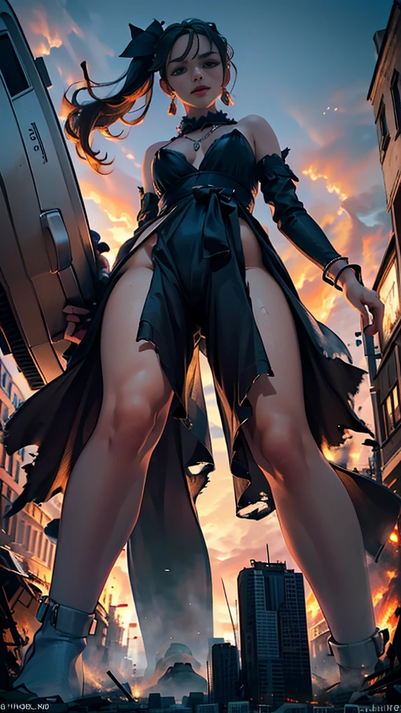 (16k, High resolution, highest quality, masterpiece, 超High resolution), ((Giantess Elements, From below)), Perfect dynamic composition:1.2, (Modern city at night), Highly detailed skin and facial textures:1.2, (Towering Giant Young Woman:1.0, Higher than skyscrapers:1.0, 50,000 feet high:1.0, Incredibly slim body:1.0), smile, Fair skin, Sexy beauty, Very beautiful face, (近づいてくる女性をFrom below見上げる), (Wide leg jumpsuit), Shapely breasts, Chest gap, Big eyes that exude beautiful eroticism, Lips that exude beautiful eroticism, necklace, Earrings, bracelet, wedding ring, Shoulder bag, clock, ribbon, Full body portrait, ((Destroy a small town, Burning Small Town, rubble, Destroyed small building, Collapsed highway, Cars are crushed, Evacuated Residents)), (Major impact, Emphasizing the majesty and power of giants, Increase the destructive element, Making cities smaller)