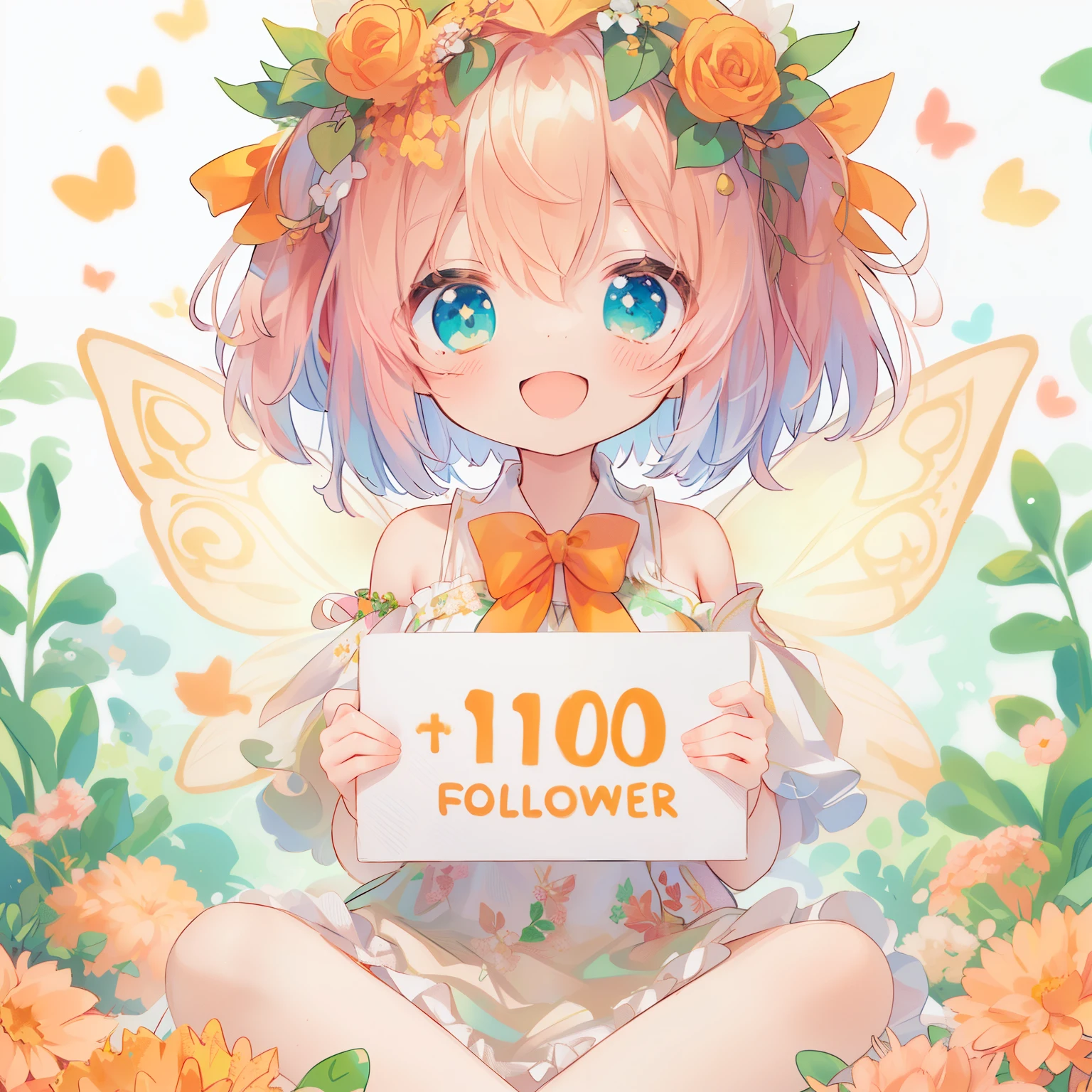 anime girl with a sign that says 1100 followers, pastel anime、Close your eyes and smile、summer👗、orange＆Green theme、sit、,highly detailed and ,summer wreath background、white background, a fairy girl holding a sign with a large "1100follower!" written on flag.Raise your arms、Hold it up、 contest winner, 🍁 cute, pixiv daily ranking, top rated on pixiv, trending on artstation pixiv, trending on pixiv, fairycore, by Yuumei, pixiv style, popular on pixiv, pixiv trending, pixiv, kawacy