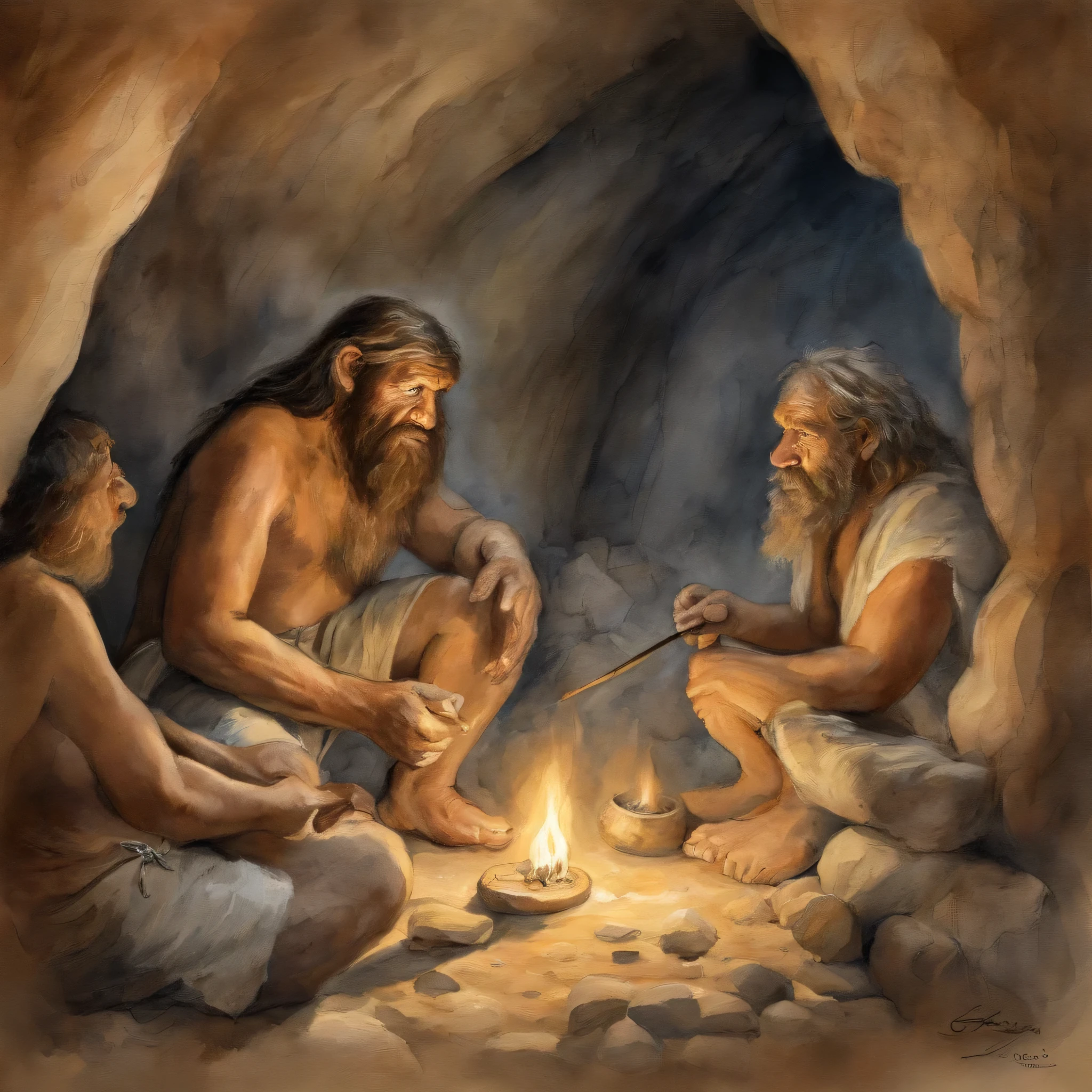 a painting of a group of cave dwellers in front of a cave, neanderthal people eating sushi, pre - historic cave man family, neanderthal people, paleolithic painting, three hairy neanderthal people, pre - historic, prehistory, stone age, saint homo neanderthalis, stone age rave in a cave