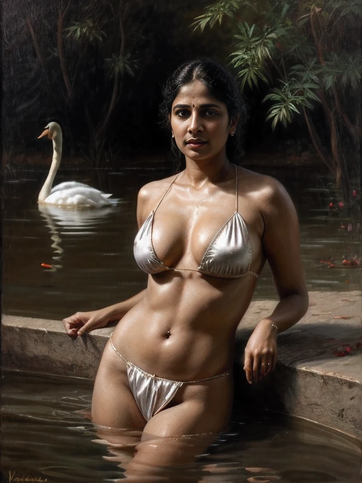 ultra realistic oil painting of 39 years old Priyanka Mohan, wearing Satin loincloth, Priyanka Mohan as Godess of Desire by Raja Ravi Varma, detailed cleavage, bathing bare in a pond with Swans, beautiful lush, plume, white Swan, MiLF body, pomegranate fruit, with ancient Indian landscape in the background, intricate, highly detailed, oil on canvas, portrait painting by greg rutkowski, Dramatic portrait, perfectly drawn fingers, perfectly drawn arm, perfect anatomy, 4k UHD Portrait