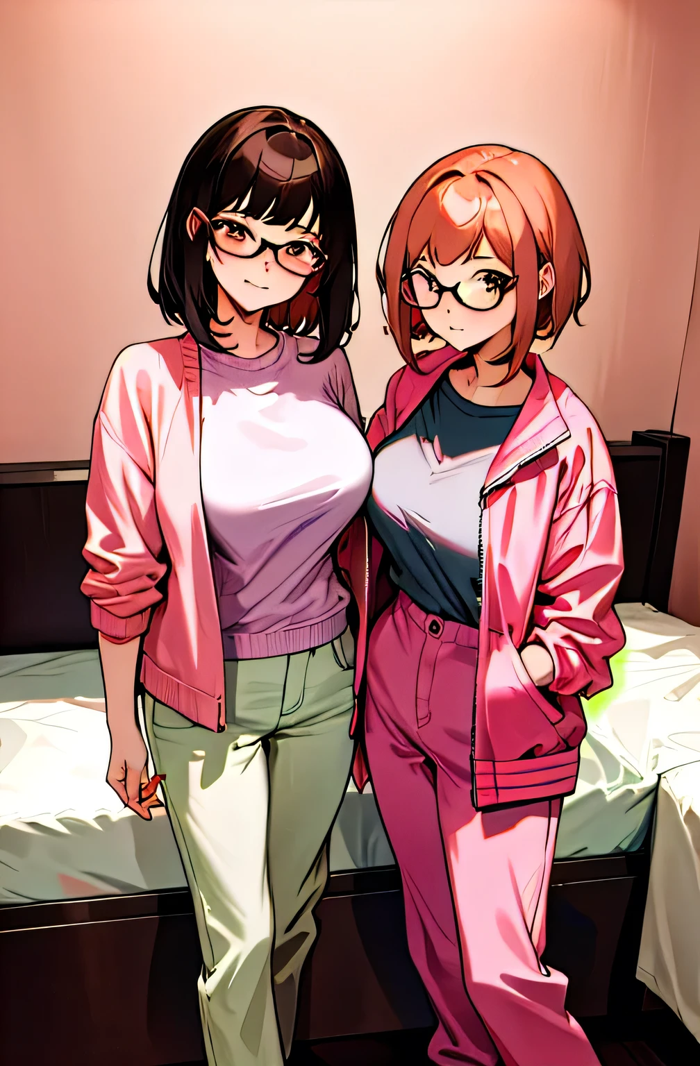 2 girls , sisters , 23 year old beautiful younger sister short hair huge breasts wearing pink sport jacket shyness wearing glasses sit on the bed and 26 years old beautiful funny older sister long hair medium breasts pierced ear wearing casual clothes no glasses standing , bedroom background ,look at camera , half body , (high resolution) , peach colour hair , nsfw ,