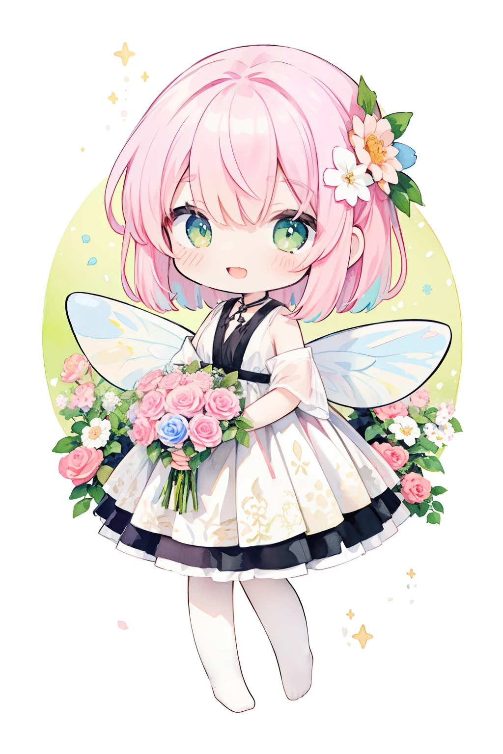 chibi:1.3,Realistic Lines、(PastelColors:1.3)、(Cute illustration:1.3)、(watercolor paiting:1.1)、
Detailed background、1girl in、Smile with open mouth、Beautifully detailed、Moya、colourfull、marble、Particles of light、patterns、
Detailed drawing、Vibrant colors、striking contrast、intricate detailes、Delicate depiction、Luminescent、full body Esbian、From the side、Beautiful facial features、Brightly colored eyes、Wearing intricate and delicate ornaments、glowing aura、Radiant hair,Illuminated by the morning light、Summer wreath on background、Pale yellow-green background、Fairy with a bouquet of flowers、Fancy Fairy、A pink-haired
