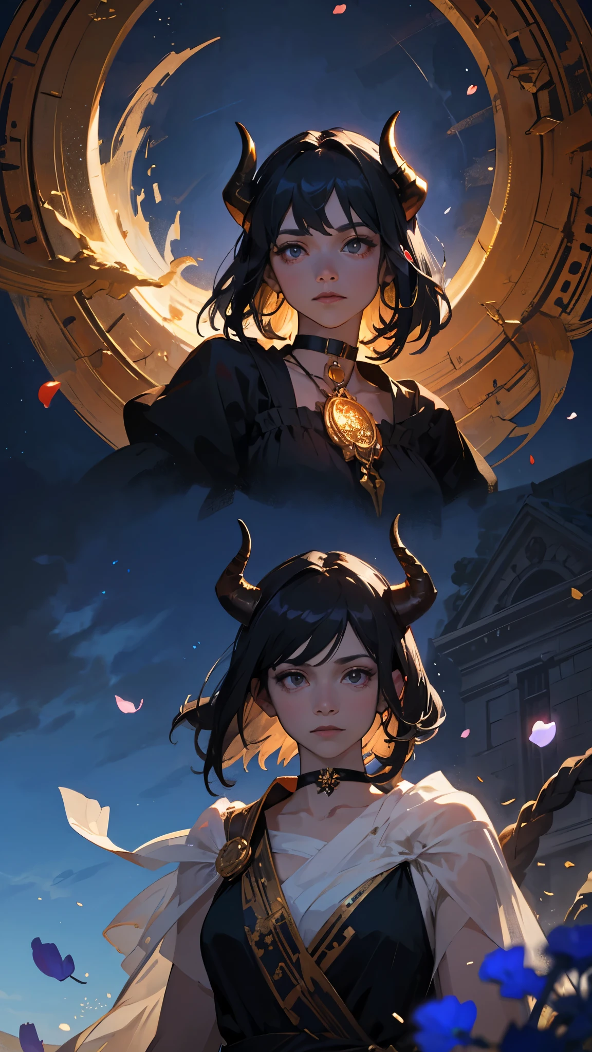 Seven Rhaeyar (Deylta), Ancient Star goddess, Royalty, Adult Female, pale skin, Gray colored eyes, Long Black Hair, a set of black colored horns on her head, Neutral facial expression, Elegant black dress, Black choker collar, dragon motifs, gold and rope accessories, simple background, receiving light from the front, Ethereal glow, View of the open blue sky with only clouds, blue flower petals