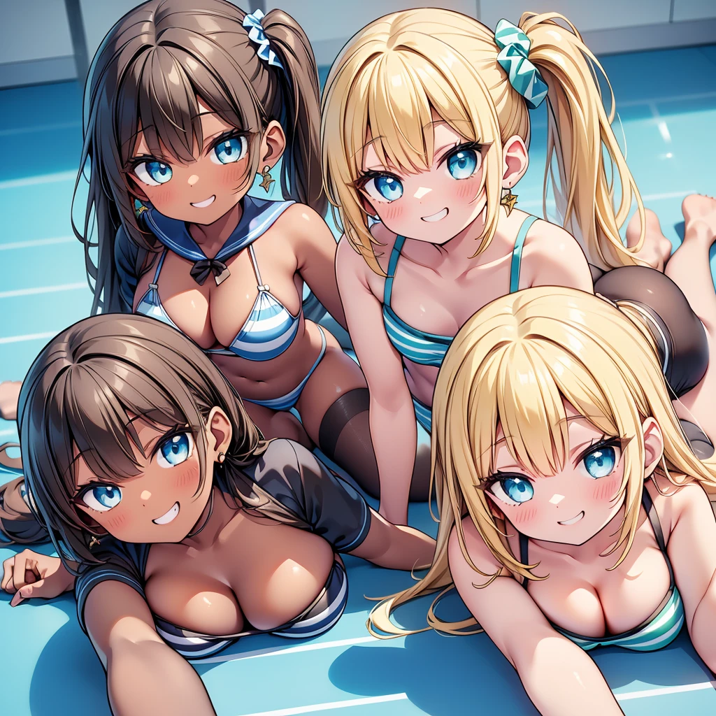 (cute eyes:1.2), (sparkling eyes:1.2), (8K、Best image quality、highest quality、masterpiece)、Detailed face、(2 girls)、Improve、((Brown Skin:1.3))、blonde、Low Ponytail、Scrunchie、Yellow Eyes、Earrings、Wicked Smile、((Grin)), (glamorous:1.1), (huge breasts:), (Light blue striped micro bikini:1.2), (top-down bottom-up:1.5), Classroom Background, (black stockings:1.2), (Thighs:1.2), (Waistline)