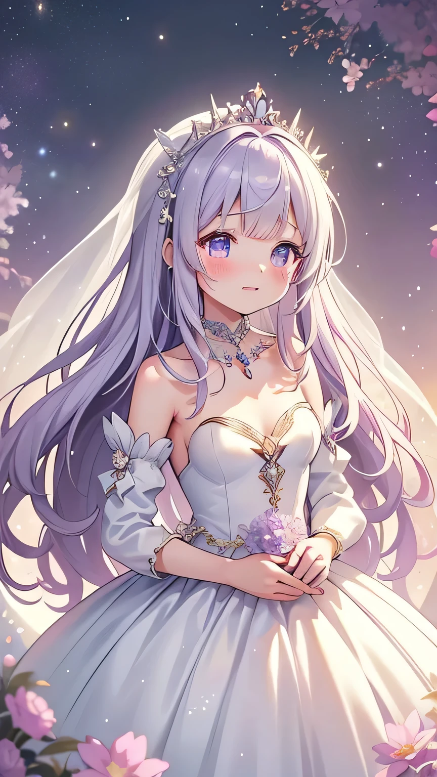 Super High Resolution Super Quality、anime、Zoom in Enlarge Colorful flowers、tears 、Fantasy、High quality texture of the clothes, princess dress, luxurious pure white wedding dress, dress with sparkling jewels, silver decoration, platinum, joy, beautiful girl has a nice body, spring, lilac hair, purple eyes, upper body, snap