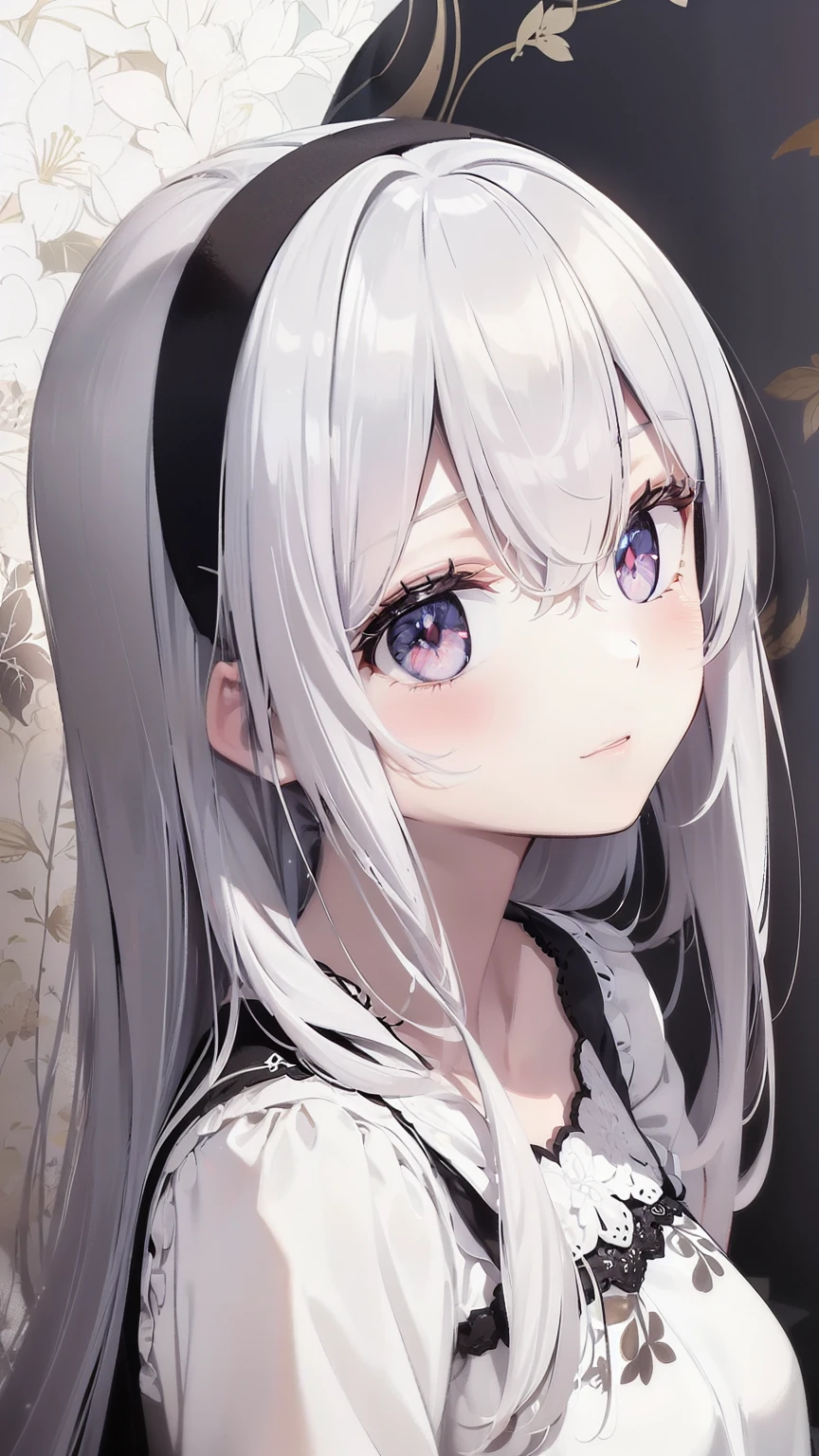 ((masterpiece, best quality))++, Detail Light+,  Detailed hair+, Detail hand+ ,1 girl, Long gray hair,   Deep red eyes,  beautiful eyes, young white hair,,(Beautiful white hair:1.5),(beautiful eyes),    high resolution+,   ，  glass tint, Reflective eyeanyery detail wallpaper, Original, warm color，Headband