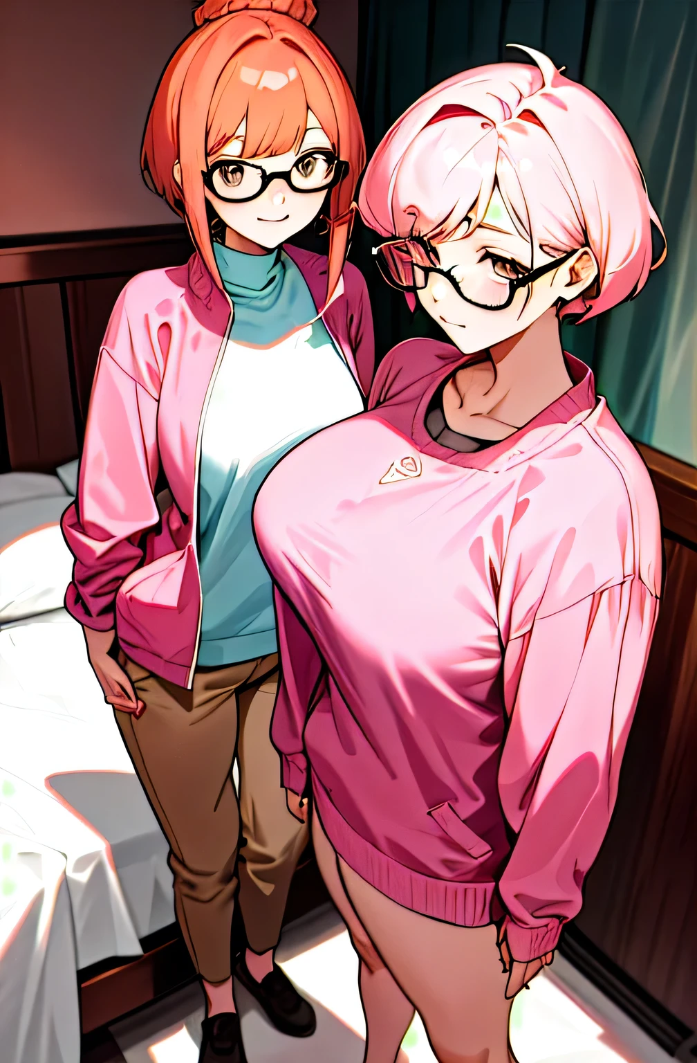 2 girls , sisters , 23 year old beautiful younger sister short hair huge breasts wearing pink sport jacket shyness wearing glasses sit on the bed, 26 years old beautiful funny older sister long hair medium breasts pierced ear wearing casual clothes no glasses standing , bedroom background ,look at camera , half body , (high resolution) , peach colour hair , nsfw , 