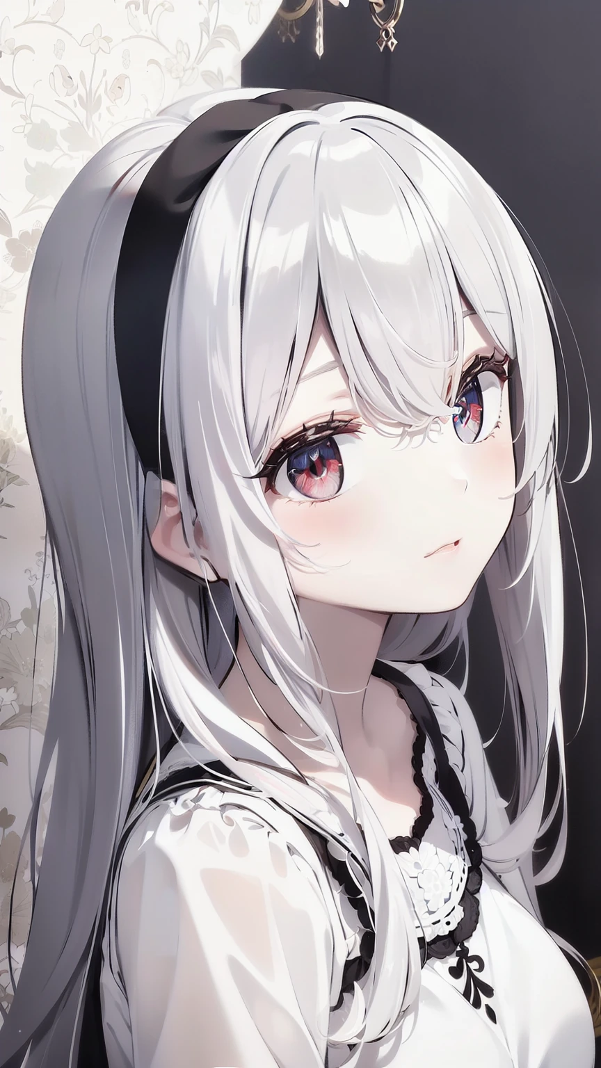 ((masterpiece, best quality))++, Detail Light+,  Detailed hair+, Detail hand+ ,1 girl, Long gray hair,   Deep red eyes,  beautiful eyes, young white hair,,(Beautiful white hair:1.5),(beautiful eyes),    high resolution+,   ，  glass tint, Reflective eyeanyery detail wallpaper, Original, warm color，Headband