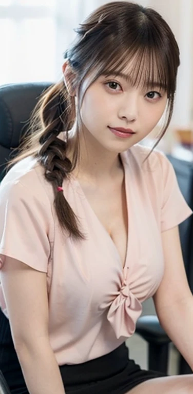 masterpiece、highest quality、8k,Ultra-high resolution、RAW Photos、Ultra-high resolution、日本people、beautiful girl、1people、woman, (Braided top knot,Twisted Side Part Ponytail Braided Headband,Half Up、Braided Space Van,Voluminous fishtail braid,Twisted pan),(Asymmetrical bangs)、 (Ultra-realistic),Round face、 Fine and beautiful eyes、double eyelid、Thin eyebrows、(eye shadow(Shrimp brown))、Rich dreamy make-up、Thin lips, (Loose fitting blouse)、 (Micro Mini Skirt(bright pink color))、A kind smile, Professional photography, Cinematic Light, (Very beautiful face: 1.2),(Large Breasts:1.2)、Saggy breasts、Cleavage、Exposed thighs、Voluptuous thighs、Smooth calves、、daytime office、In front of the computer、sitting in an office chair、Head to knee photo