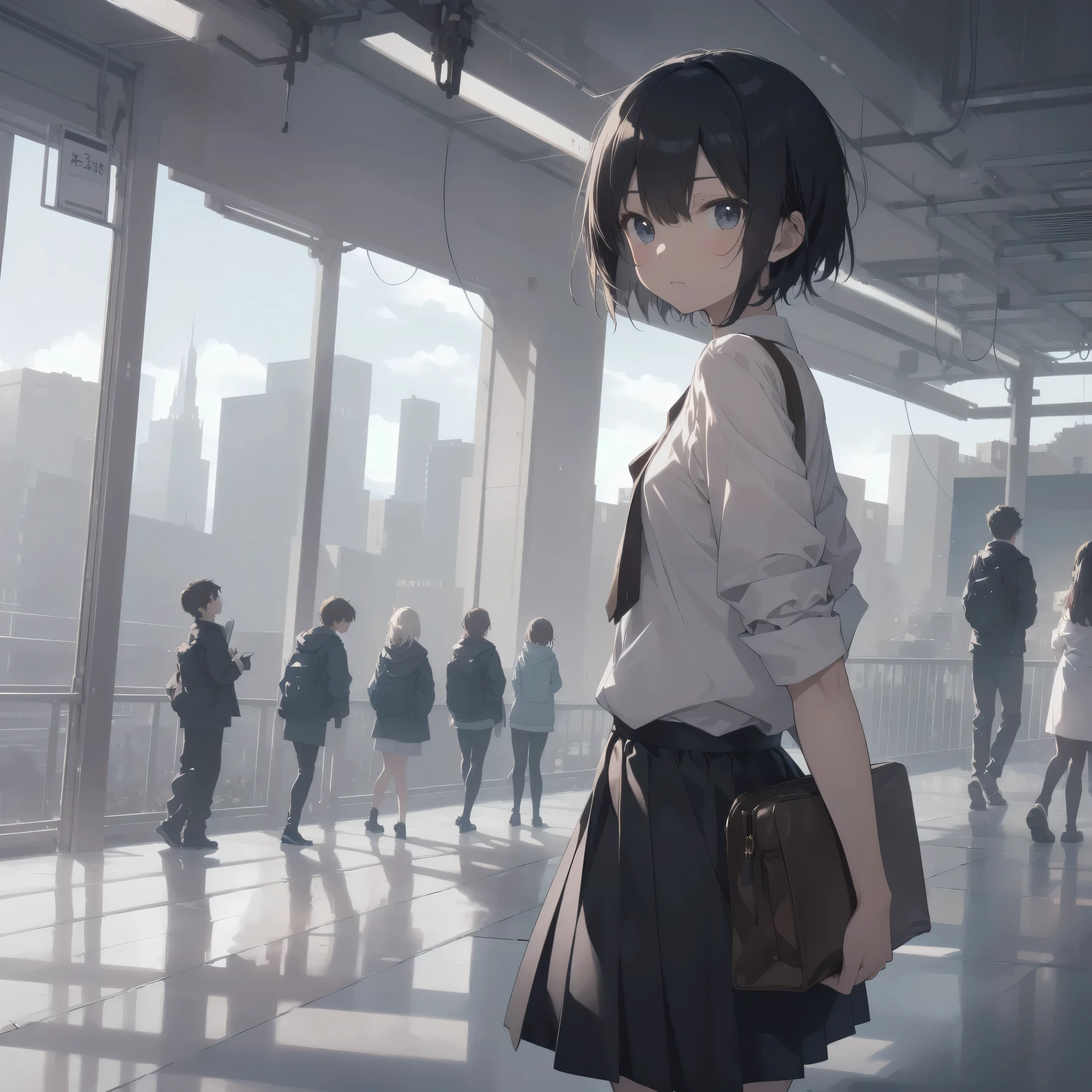ultra-absurdres-Top quality by artist God, ultra-detailed, high resolution, anime moe artstyle, best anime 8k konachan wallpaper, pixiv contest winner, pool:2810, perfect anatomy,break, 1girl, (Please draw a girl walking sleepily to school alone. )break,(Solo,little female, 13-year-old:1.3),Full limbs, complete fingers,a junior high school student, (very short hair), short cut, flat chest, , small butt, small black eyes, beautiful detailed eyes, well-proportioned iris and pupils, expressive eyes, highres detailed hair, soft expression, school_uniform, bowtie, collared shirt. pleated skirt,(Detailed Lighting), (Detailed background), in the School commute route. break,super detailed skin, Best cinematic lighting powered by famous artist, 8k,beauty illustration,photoshop_(medium),very aesthetic,break,((artist:dd (ijigendd) )), artist:bolze ,artist:oyari ashito ,artist:kantoku ,