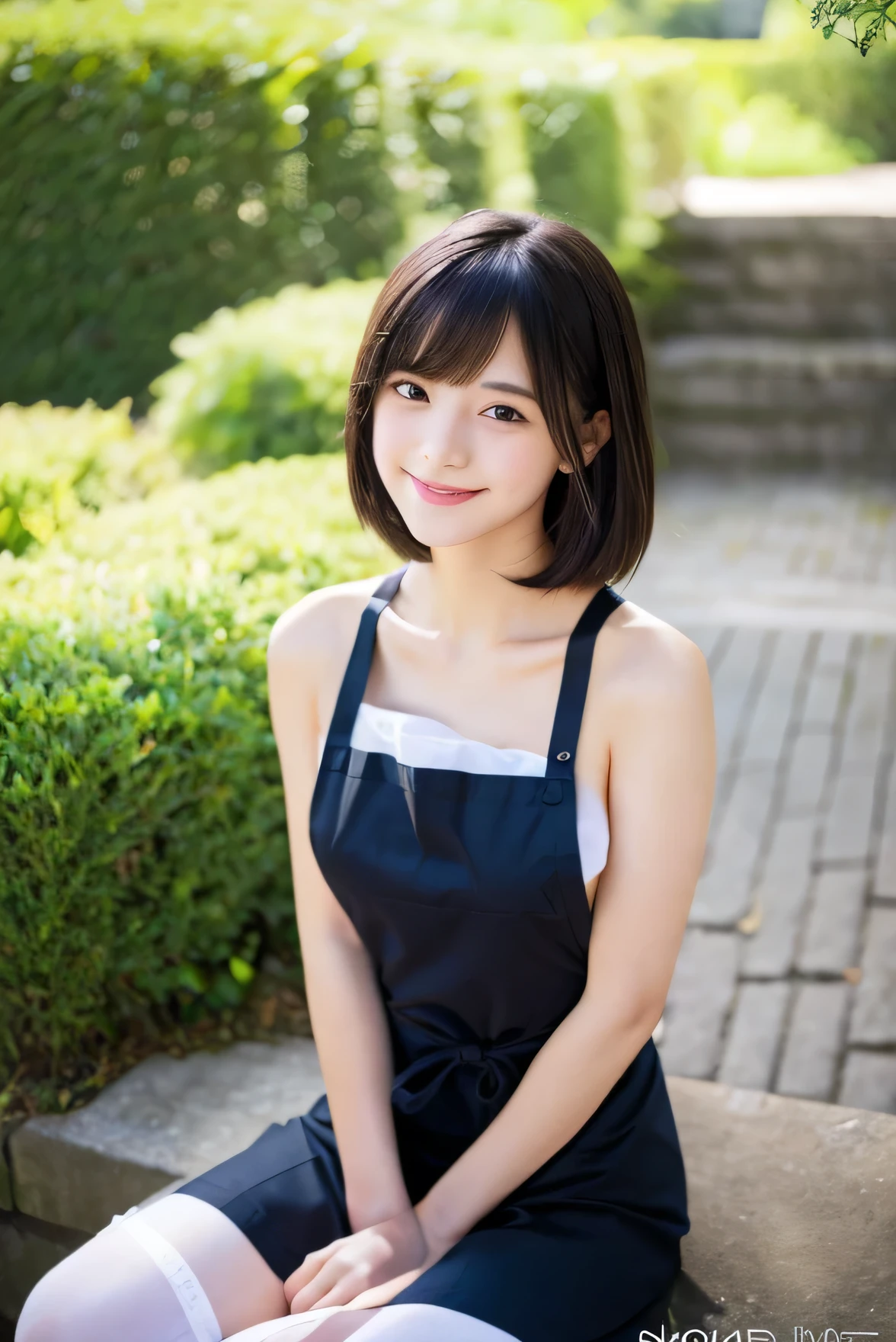 neat college girl、***ite person、((Naked wearing only one white apron、Naked sexy white apron))、Outside the field、(Slimed、small tit、flat boobs、small tit)、Photorealsitic、detaileds, Skin Texture, ultra-detailliert、Delicate and sexy collarbone、A smile、Super Detailed Face、Detailed lips、A detailed eye、二重まぶた、Sitting on legs bending the knees、Squatting、White panties are visible from the skirt、Sexy pose short hair with bangs、Straight bob hair、、Angle from top edge、****ars