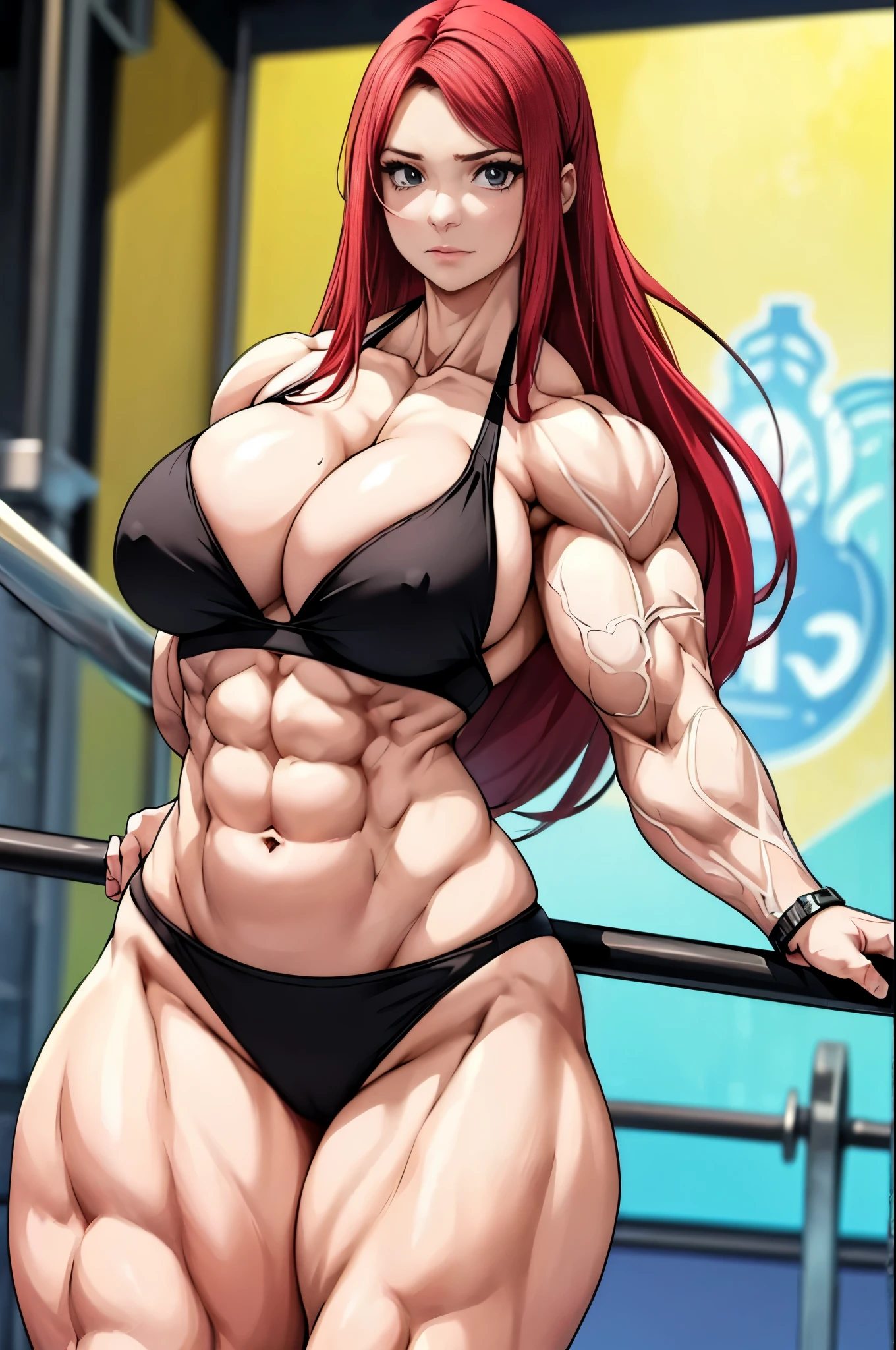 masterpiece, 4k, portrait, cowboy shot, (PLAYGROUND BACKGROUND), professional artwork, intricate details, colorful, digital blending, (ultra detailed body, ultra detail hair, ultra detail face), trending on pixiv, kind of anger, best quality, anime style: 1.9, 1girl, hires, Uzamaki Kushina, ( milf, pale skin, (extra large breasts), long hair, ((black bikini)), ((navel, belly button), slender body, slender belly, bracelet, red hair, shuted mouth, big eyes), anger, beach, wind, floating hair, detailed arms, off-shoulders, broad shoulders, (((both) hands spreading to both sides)), fancy couch, relaxing, laying, talking, looking at the viewer))), (((flexing))), (((ultra detailed arms)))). (((curvy: 1.2))),muscular,female,bodybuilder,strong,toned physique,ripped muscles,lean body,fitness enthusiast,empowered,confident,posing on the stage,determined expression,fierce competition,bulging biceps,sweat dripping,veins popping,athletic physique,intense workout sessions,strong legs,bulky shoulders,disciplined lifestyle,dedicated training regimen,fitness inspiration,endurance,unstoppable force,barbell,weights,exercise equipment,stamina,perseverance,sculpted arms,powerful presence,fitness model,athleticism,competition preparation,high-intensity training,competition stage,striking physique,mental fortitude,motivation,hard work,persistence,inspiring,admired by others