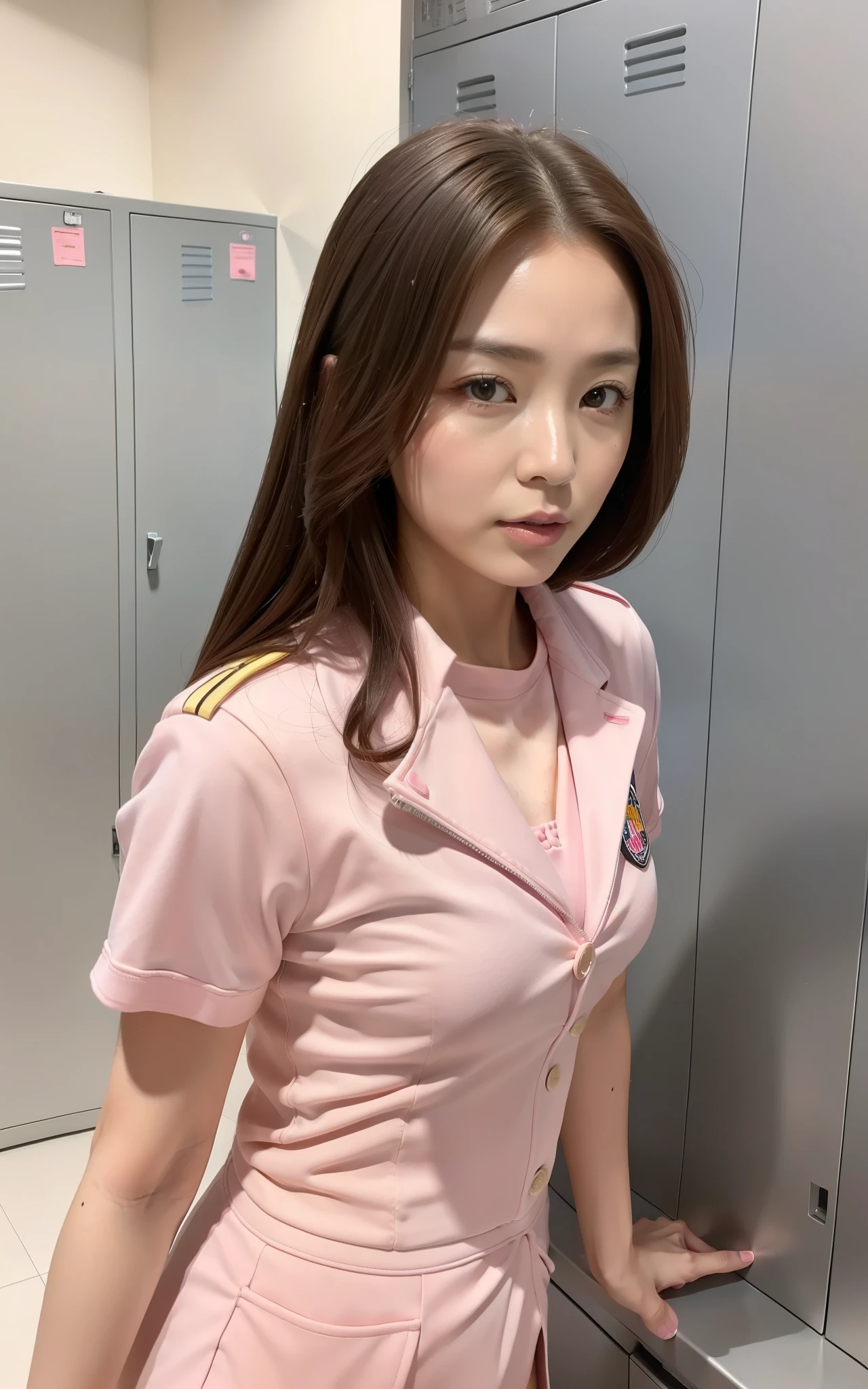 ((Top Quality, 8k, Masterpiece: 1.3, photorealistic)), (close up:1), attractive woman, pink uniform, serious, nobody gray locker room,