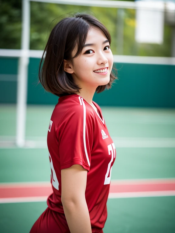 ((Whole body 1.4)),Front shot,masterpiece, highest quality, RAW Photos, 8k, Highly detailed face, One girl, close, Beautifully detailed skin, Backlight, Soft Light, Shy, (Shoot from the front:1.2), Smile, open your mouth to say something, Illuminate, Anatomically correct, short hair, Windblown Hair, Eyes and facial details, Textured skin, Professional photography, Bokeh, Portraiture, Professional Lighting, alone, cute, Girlish, Film Grain, Red volleyball player uniform,Volleyball court,indoor
