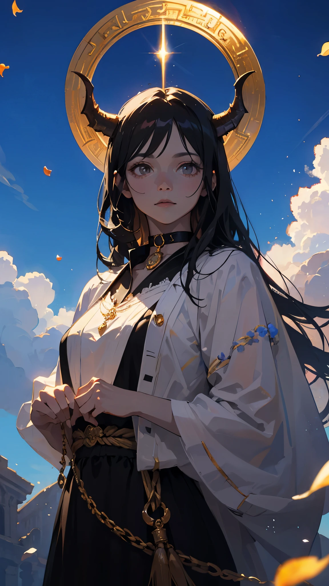 Seven Rhaeyar (Deylta), Ancient Star goddess, Royalty, 1 Adult Female, pale skin, Gray colored eyes, Long Black Hair, a set of black colored horns on her head, Neutral facial expression, Elegant black dress, Black choker collar, dragon motifs, gold and rope accessories, simple background, receiving light from the front, Ethereal glow, View of the open blue sky with only clouds, blue flower petals