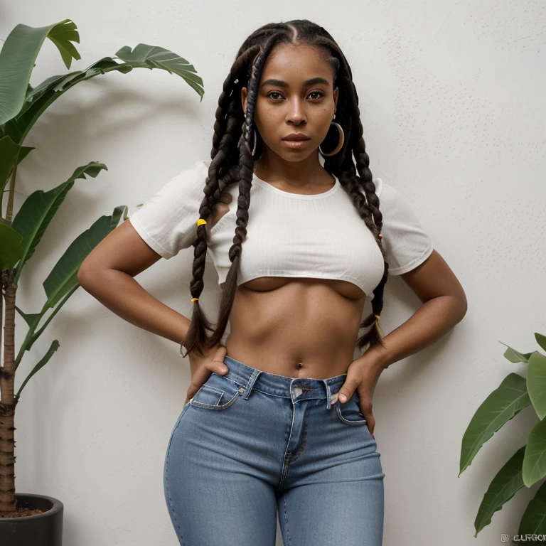 Mulher adulta, negra, 25 anos, box braids hair, boca pouco carnuda, nariz fino, corpo tamanho M ,olhos castanhos, baiana, the influence of American fashion, como jeans bem cortado, blusa despoja. Uma bolsa estruturada, brinco pequeno e anel.