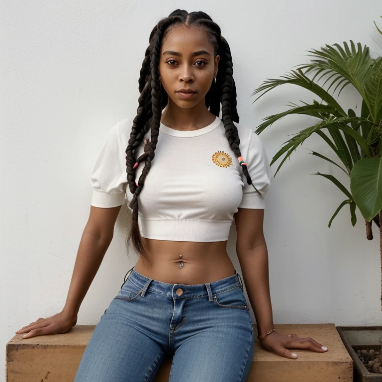 Mulher adulta, negra, 25 anos, box braids hair, boca pouco carnuda, nariz fino, corpo tamanho M ,olhos castanhos, baiana, the influence of American fashion, como jeans bem cortado, blusa despoja. Uma bolsa estruturada, brinco pequeno e anel. 