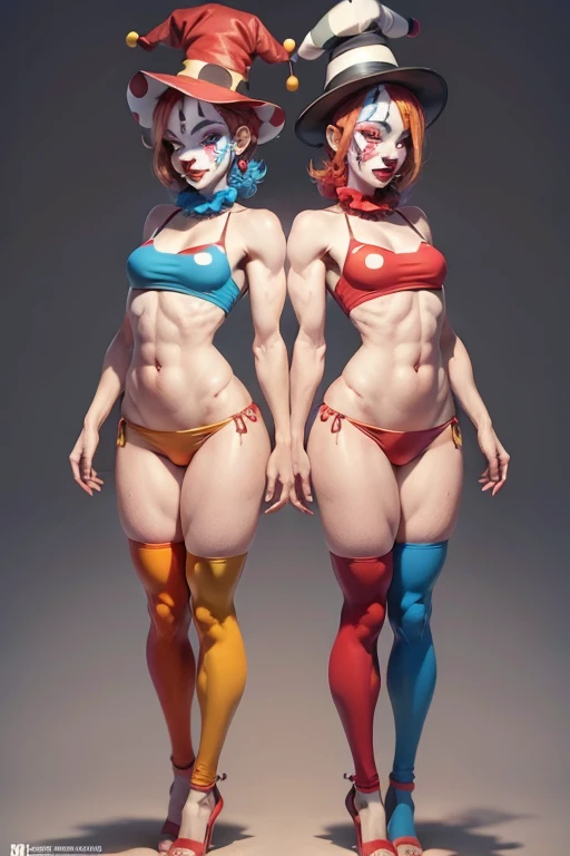 A full body photo shows a woman, harlequin hat, clown face makeup, red clown nose, blue eyes, muscular body, freckles face, small shoulder, slim waist, wide hips, thick legs wearing a colorful top and red panties, back view