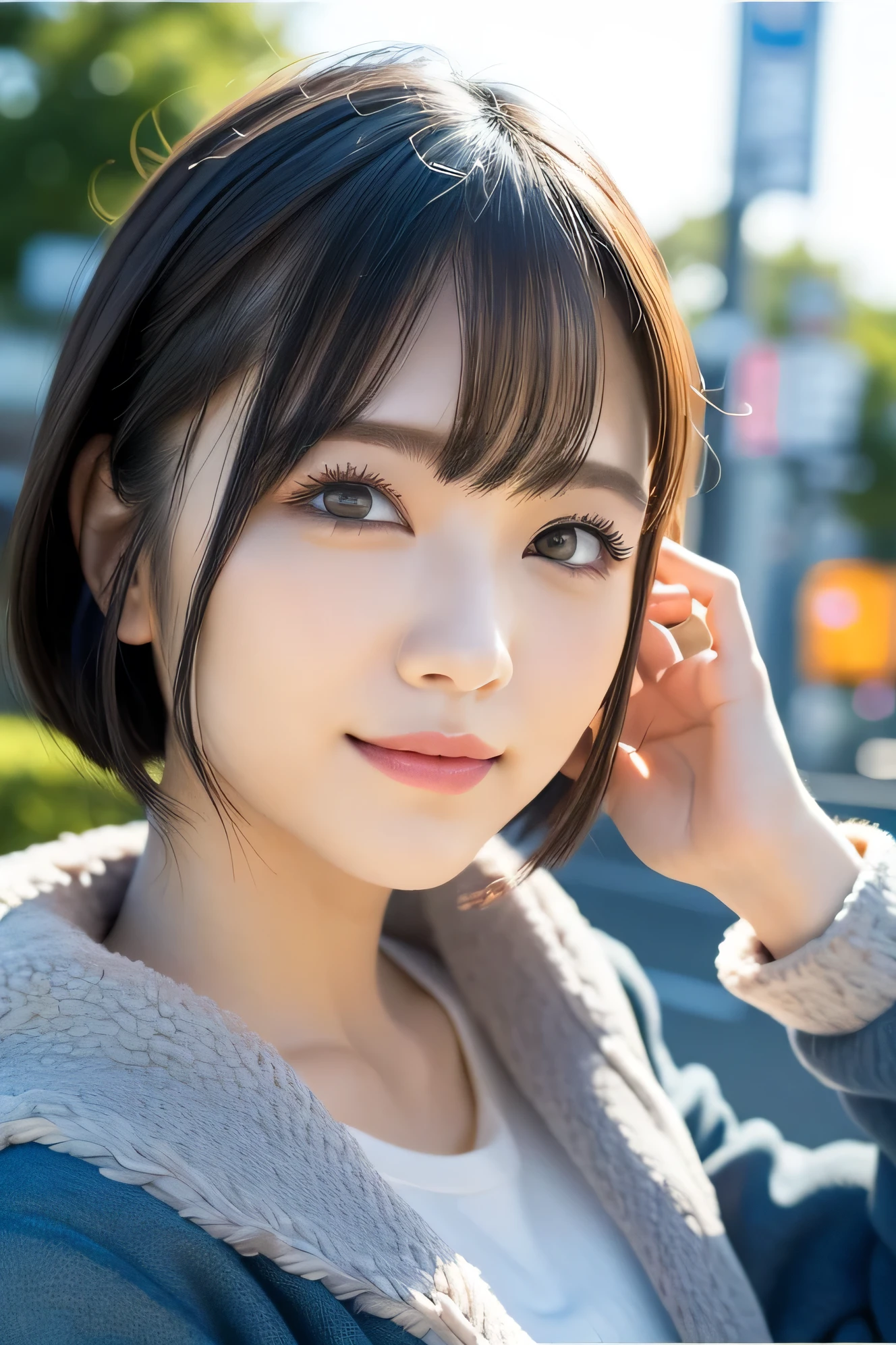 Tabletop, highest quality, profile, Very detailed, finely, High resolution, 8k wallpaper, Dynamic composition, Beautiful and detailed, Tokyo Trends冬ファッション,Tokyo Trends&Random Cute Hairstyles, Small breasts, Natural color lip, Random Idol Pose,Cute Smile,20-year-old girl、Beautiful and elaborate face、Perfect and beautiful face,Big eyes、Wear a fluffy black outerwear with fur、Beautiful and elaborate face、Perfect and beautiful double eyelids、Blur the background、Perfect and beautiful face、Feminine poses、Blur the background、Slim face and figure、Blur the background、Facial Light、Bright lighting、Professional Lighting、Forward lighting、A kind smile、Model pose、