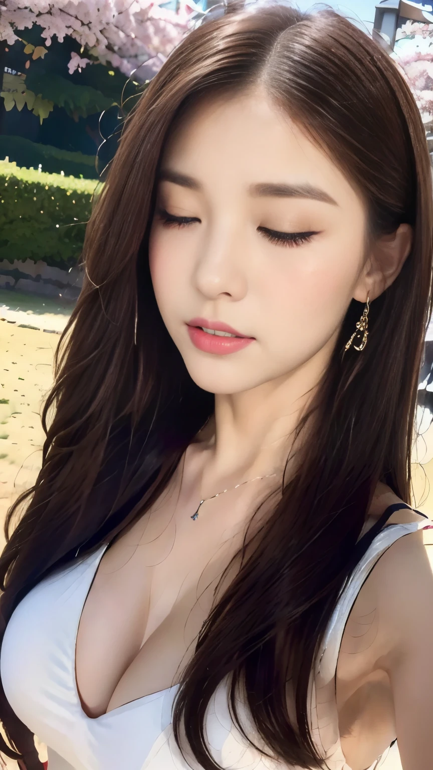 ((highest quality, 8k, masterpiece :1.3)), One Girl, close, Facing the camera,((close your eyes)),Shut your mouth.,Red lipstick,Dark lipstick:1.2,Beautiful woman, Big Breasts:1.4,White long dress:1.2,Highly detailed face, fine grain, double eyelid, Blur the background, outside, sunny,cherry blossoms, spring, nature,amusement park, (Maximum resolution: 1.4), (Ultra high definition: 1.2), Cinematic Light, (Detailed skin), (Detailed facial features), 8k resolution, Perfect Style, Beautiful expression、Highly detailed faceと肌の質感、((Pure white skin:1.2)),Glossy Lips:1.2、Detailed lips,Wet lips,((Full Body Shot:1.2)),(Straight Hairstyles、Light brown hair)、One-length long hair、175cm,From above