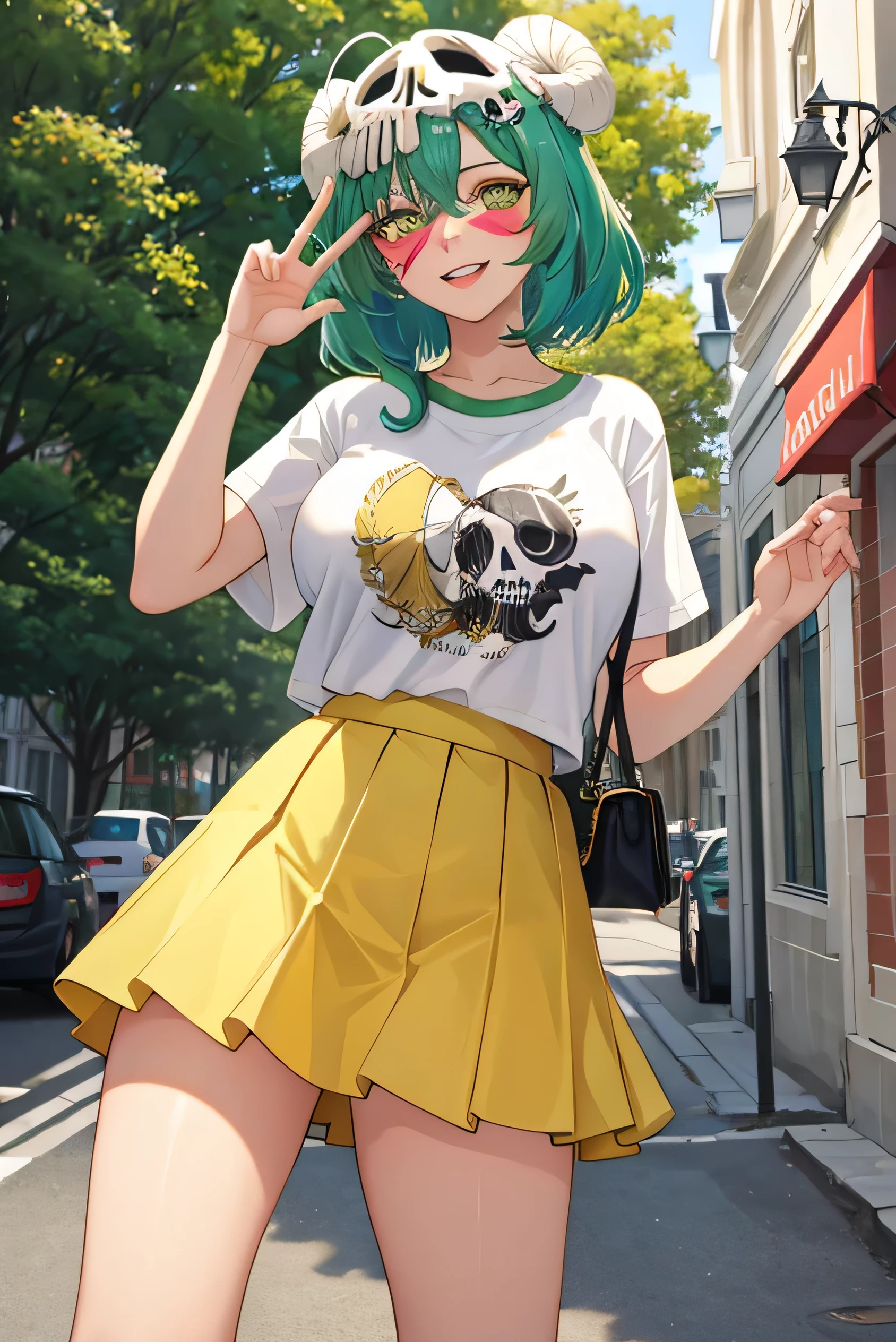 Neliel To Odelschwanck, Green Hair,Yellow Eyes, skull, Face mark,Big Breasts,smile , Lips parted, Happy, mini skirt, Graphic T-shirts, White sneakers, Skirt Hold, White panties, street,