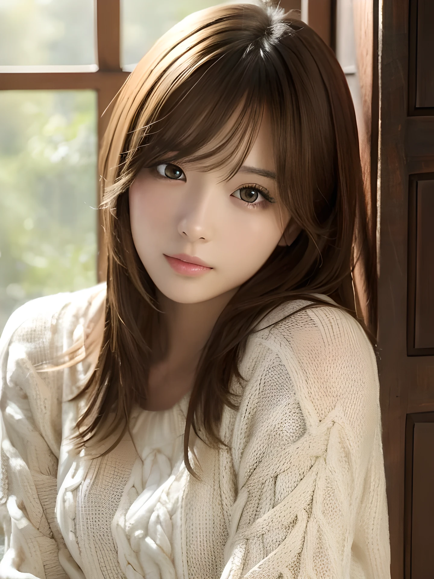 masterpiece, highest quality, High resolution, table top、wallpaper, realistic, bright lighting, professional lighting, face light, smooth lighting, japanese girl, cute, sad expression, Beautiful girl, gravure, sexy, super beautiful, beautiful skin, beautiful and detailed eyes、detailed face、slim、moderately、Medium hair, brunette colored hair, brown eyes, looking away, sweater, The morning sunlight shines through the misty forest.