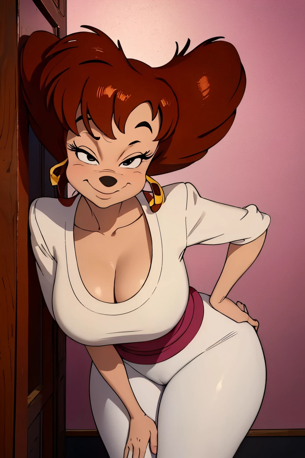 high quality, masterpiece, best quality, anime screen cap, Peg Pete, red big hair, black eyes, animal nose, animal black dot nose, forced smile, standing, blush, half-closed eyes, smile, empty eyes/no highlights (Leaning forward:1.5), Arms Down, ((Perfect Anatomy, beautifull detailed face, Beautiful detailed eyes, beautiful detailed hair, Beautiful detailed body)), thick outline, Beautiful outlines, black outlines, ultra-wide, wide-angle lens, Vibrant, sacred movie edge