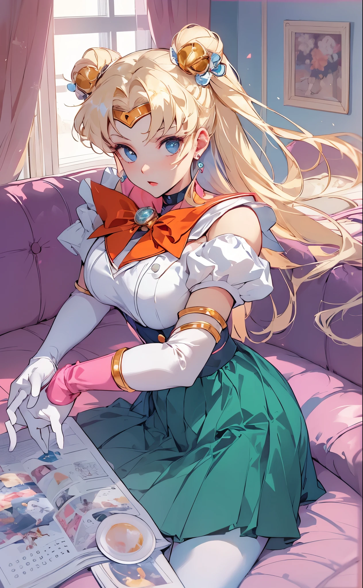 (masterpiece),(sailor moon) (risograph) best quality, full-body shot, expressive eyes, perfect face, medium breast, good breast, beautiful, gorgeous ,sitting on a couch, blonde, medium shot, indoors, lab, cleavage, aausagi, double bun, twintails, parted bangs, circlet, jewelry, earrings, choker, red bow, white gloves, elbow gloves, blue skirt, feminine, blushing,